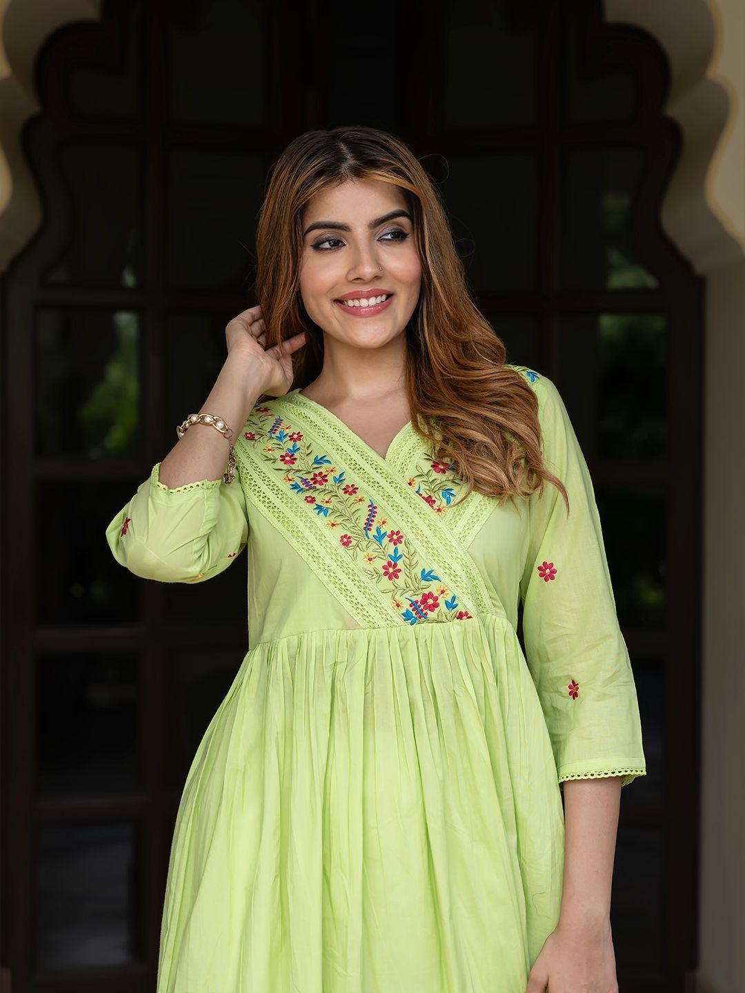 The Roadster Lifestyle Co. Women Floral Embroidered Cotton Pleated Fit & Flared Dress-picture-38