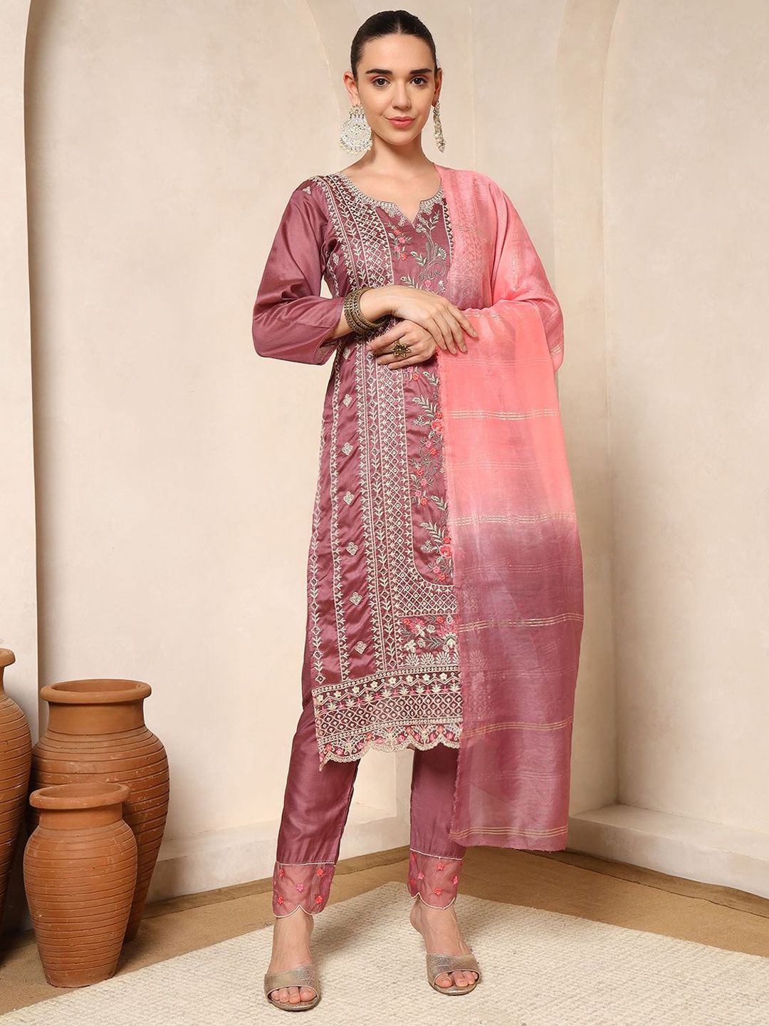 KALINI Women Ethnic Motifs Embroidered Regular Thread Work Kurta with Trousers & Dupatta