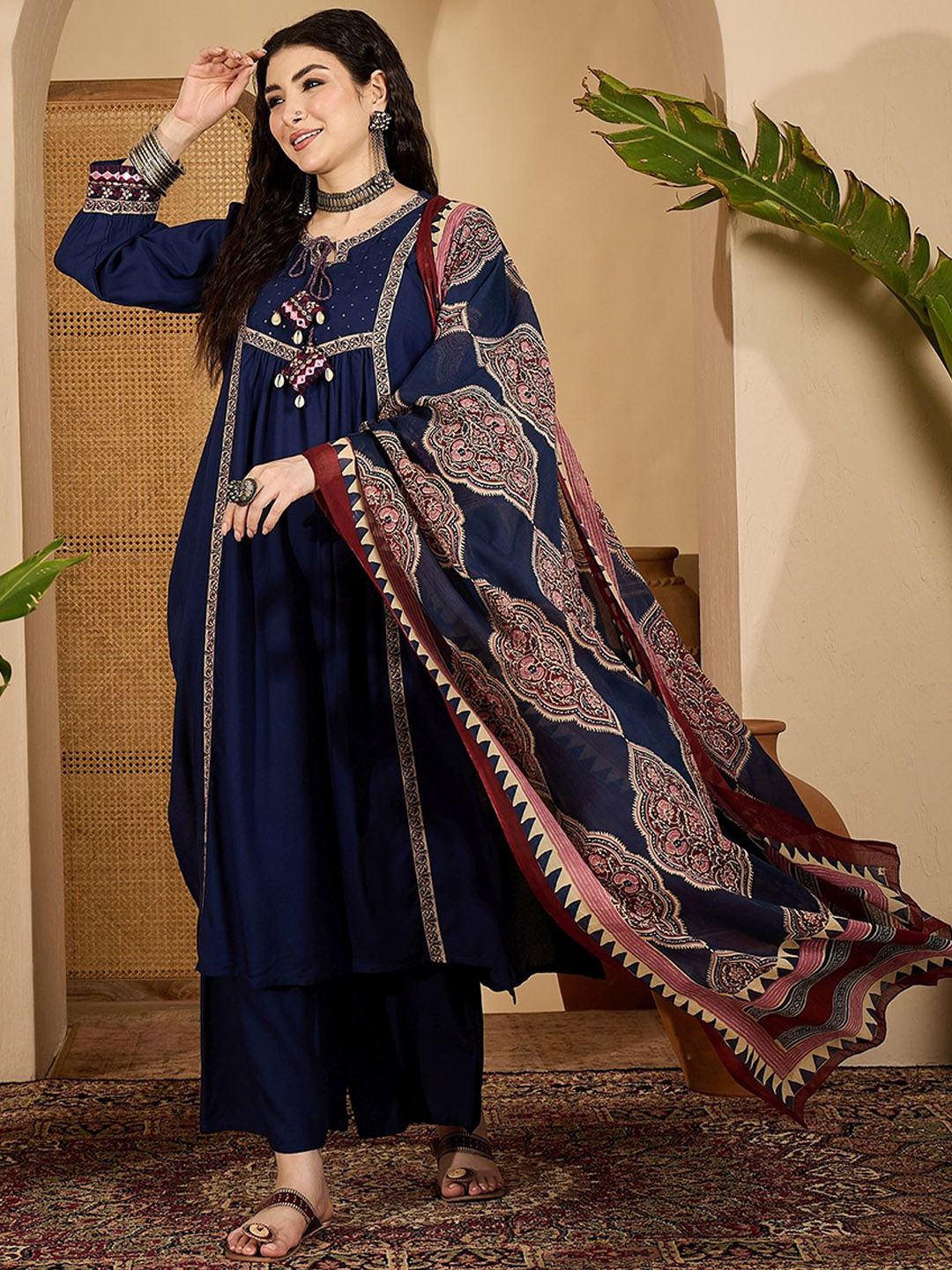 Sangria Women Printed A-Line Kurta Trouser With Dupatta Set