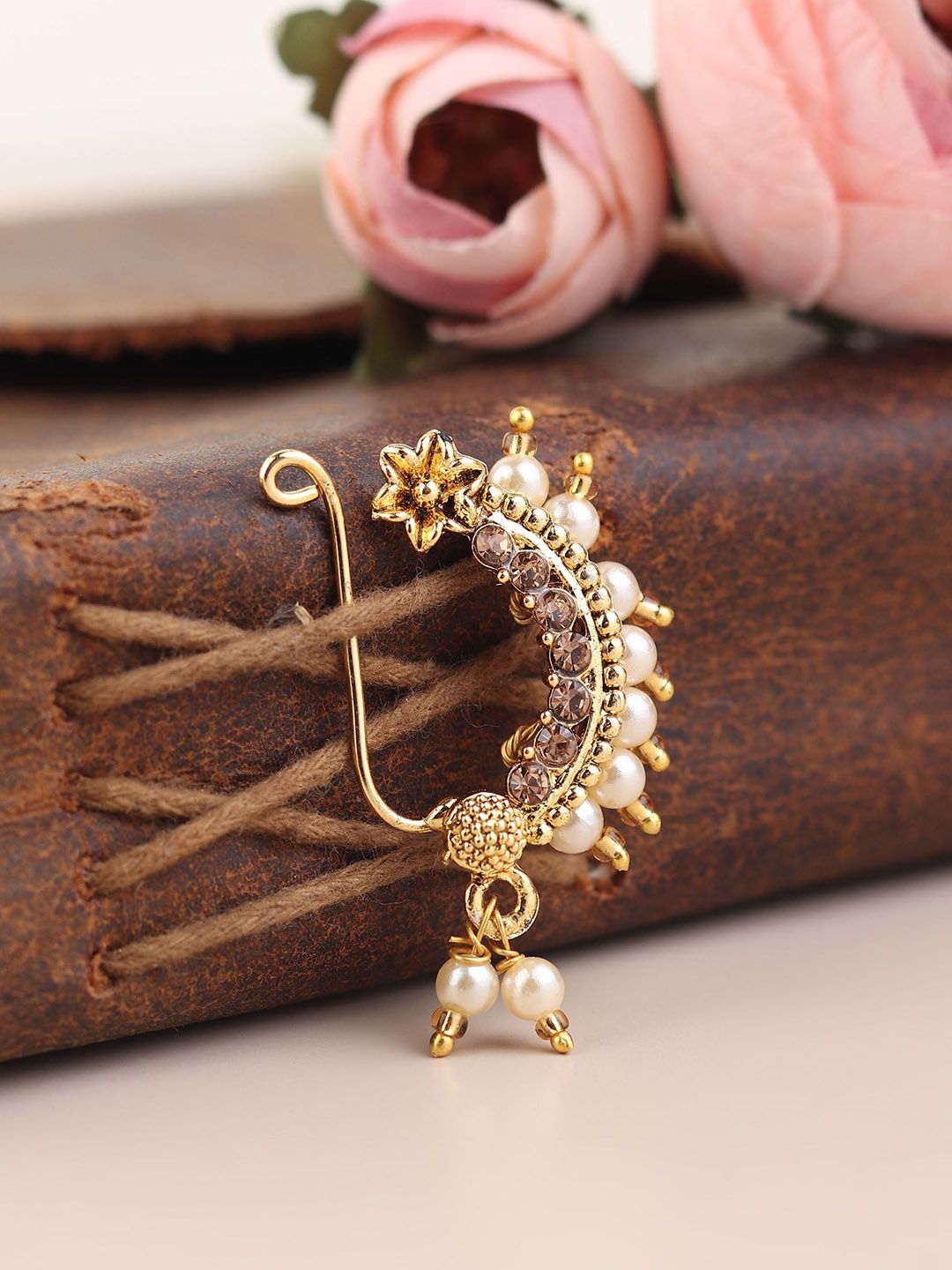 FLINGDOM Sterling Silver Artificial Stones Studded & Beaded Maharashtrian Stud Nosepin-picture-11