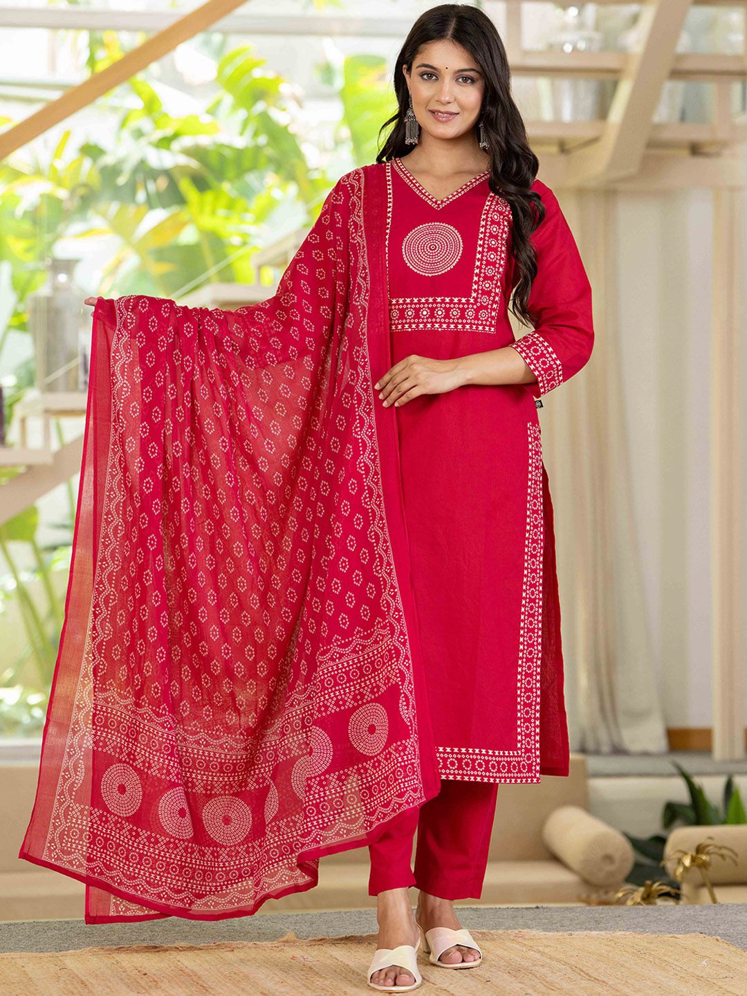 Pistaa Bandhani Yoke Design V-Neck Pure Cotton Straight Kurta With Trousers & Dupatta-picture-28