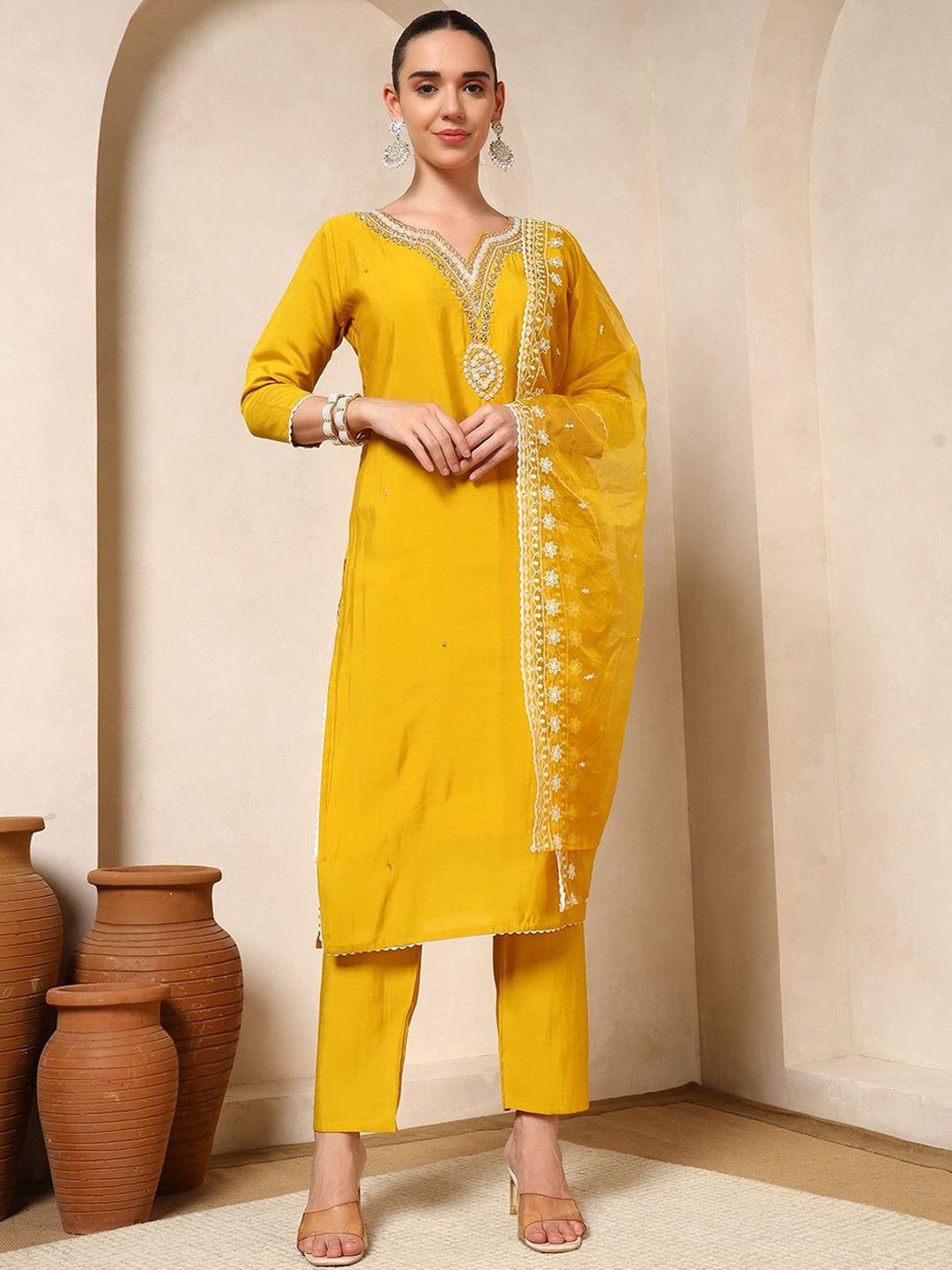 KALINI Women Woven Design Embroidered Kurta with Trousers & Dupatta