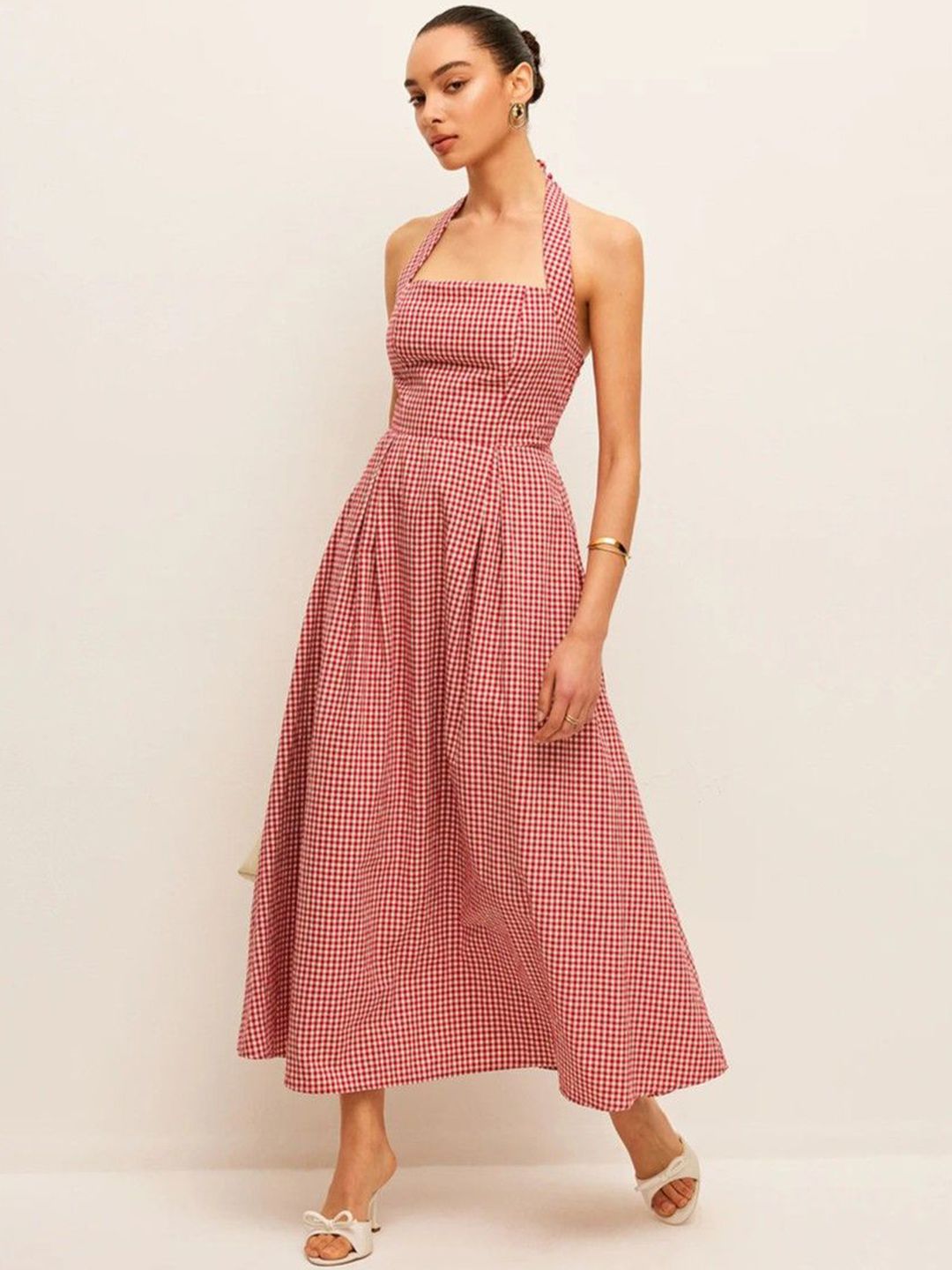 ELYRAA Checked Halter Neck Fit & Flare Midi Dress-picture-23