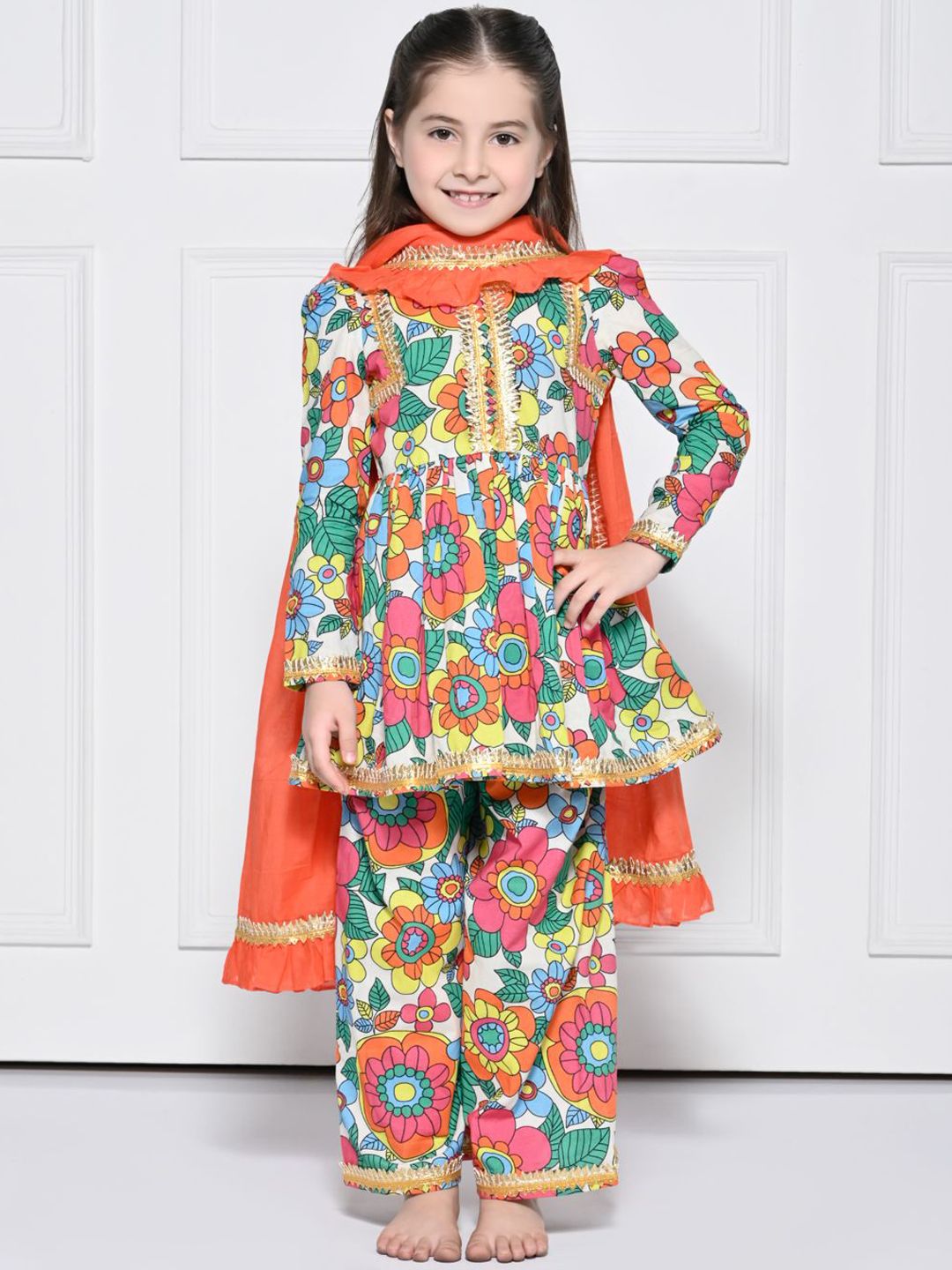 THE PONY & PEONY CO. Girls Floral Printed Pure Cotton Kurta With Palazzo & Dupatta-picture-36