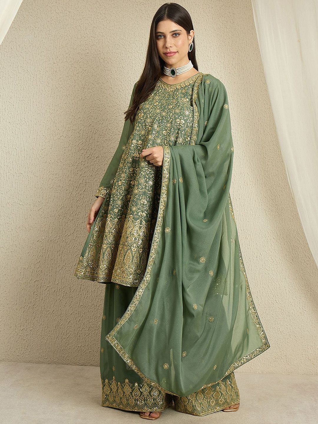 Miss Ethnik Ethnic Motifs Embroidered Round Neck Thread Work Kurta With Palazzos & Dupatta-picture-42