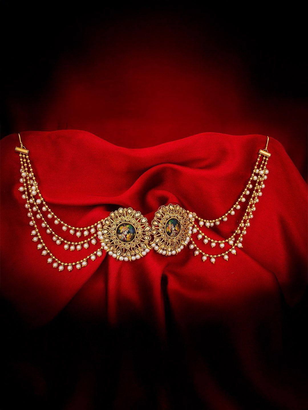 Anouk Gold Plated Kundan Studded And Pearls Beaded Circular Temple Studs With Ear Chain-image-46