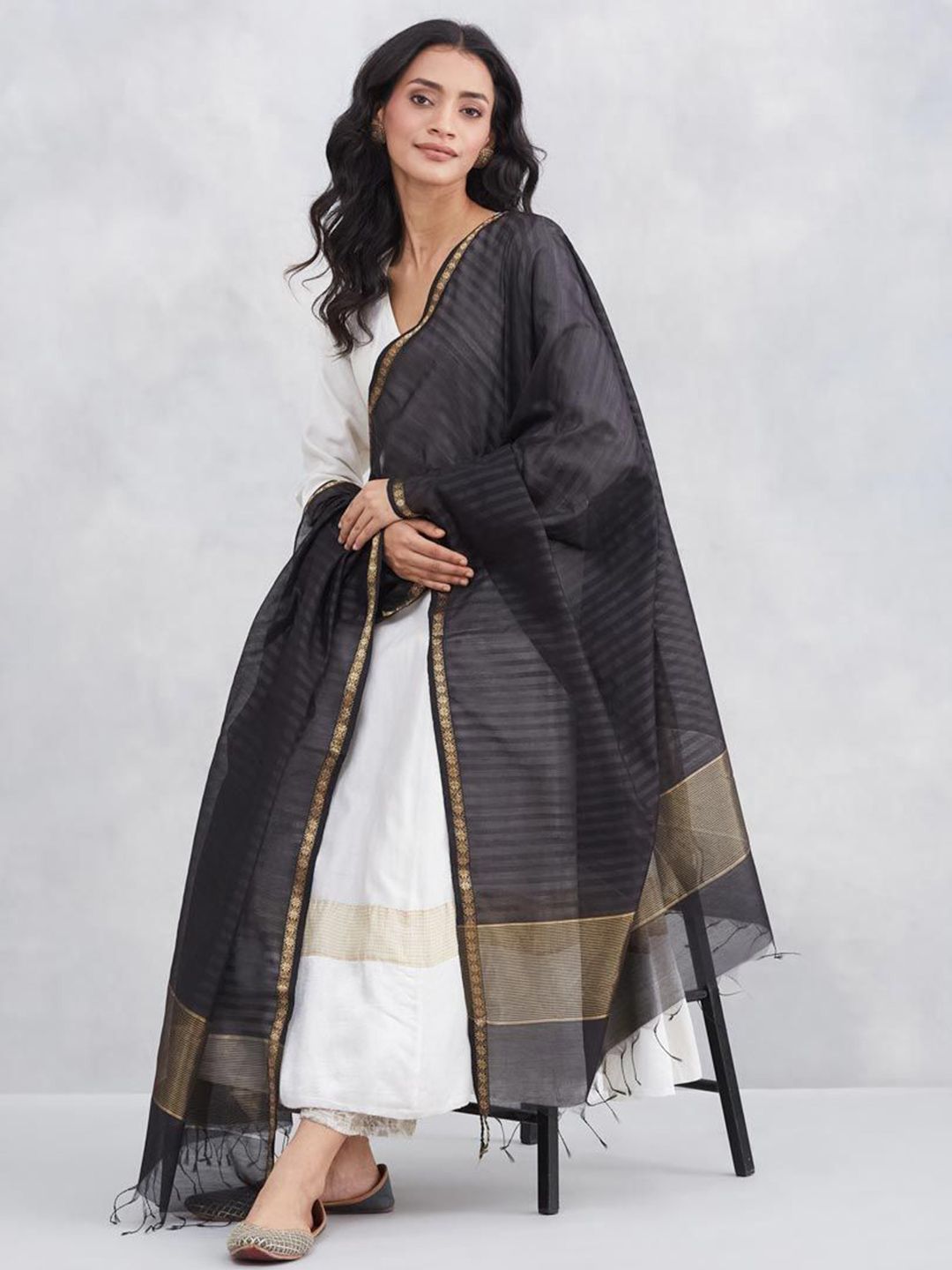 Fabindia Striped Woven Design Zari Cotton Silk Dupatta-picture-21