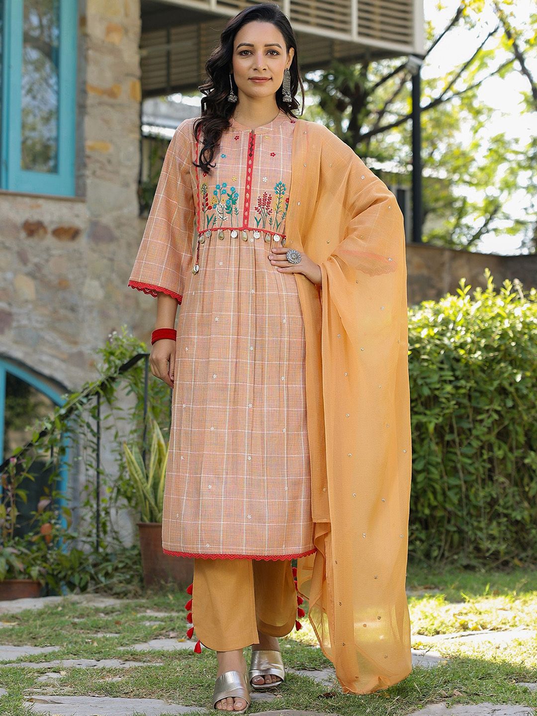 AARAAS Women Ethnic Motifs Embroidered Pure Cotton Anarkali Kurta with Palazzos & Dupatta