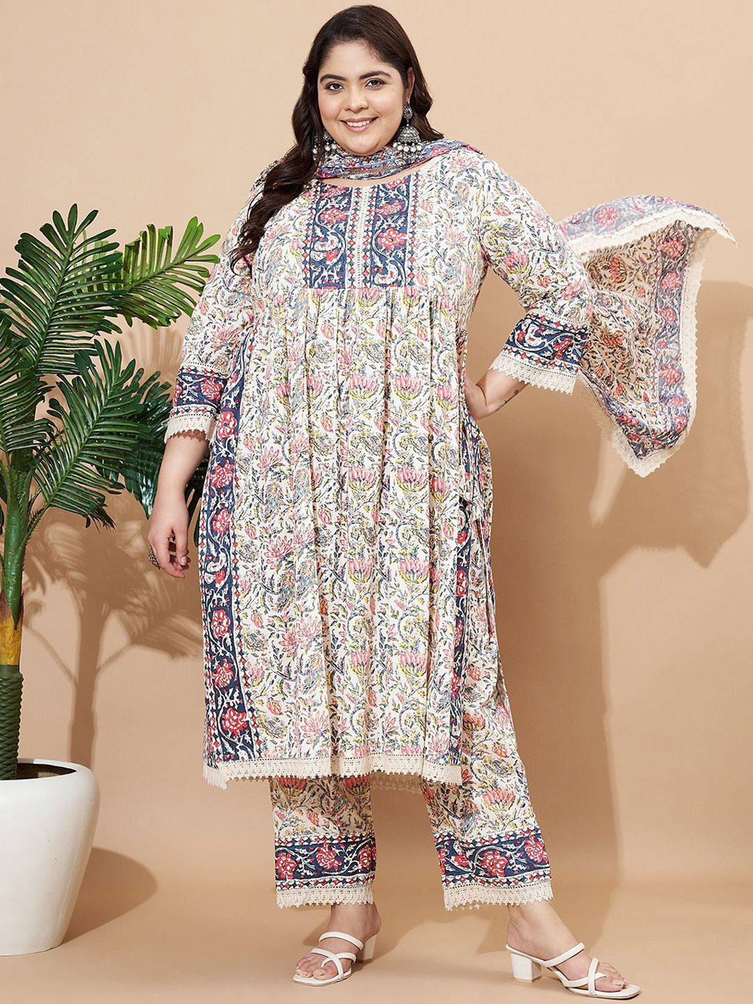 GULMEHAK Women Plus Size Floral Printed Pure Cotton A-Line Kurta with Trouser & Dupatta