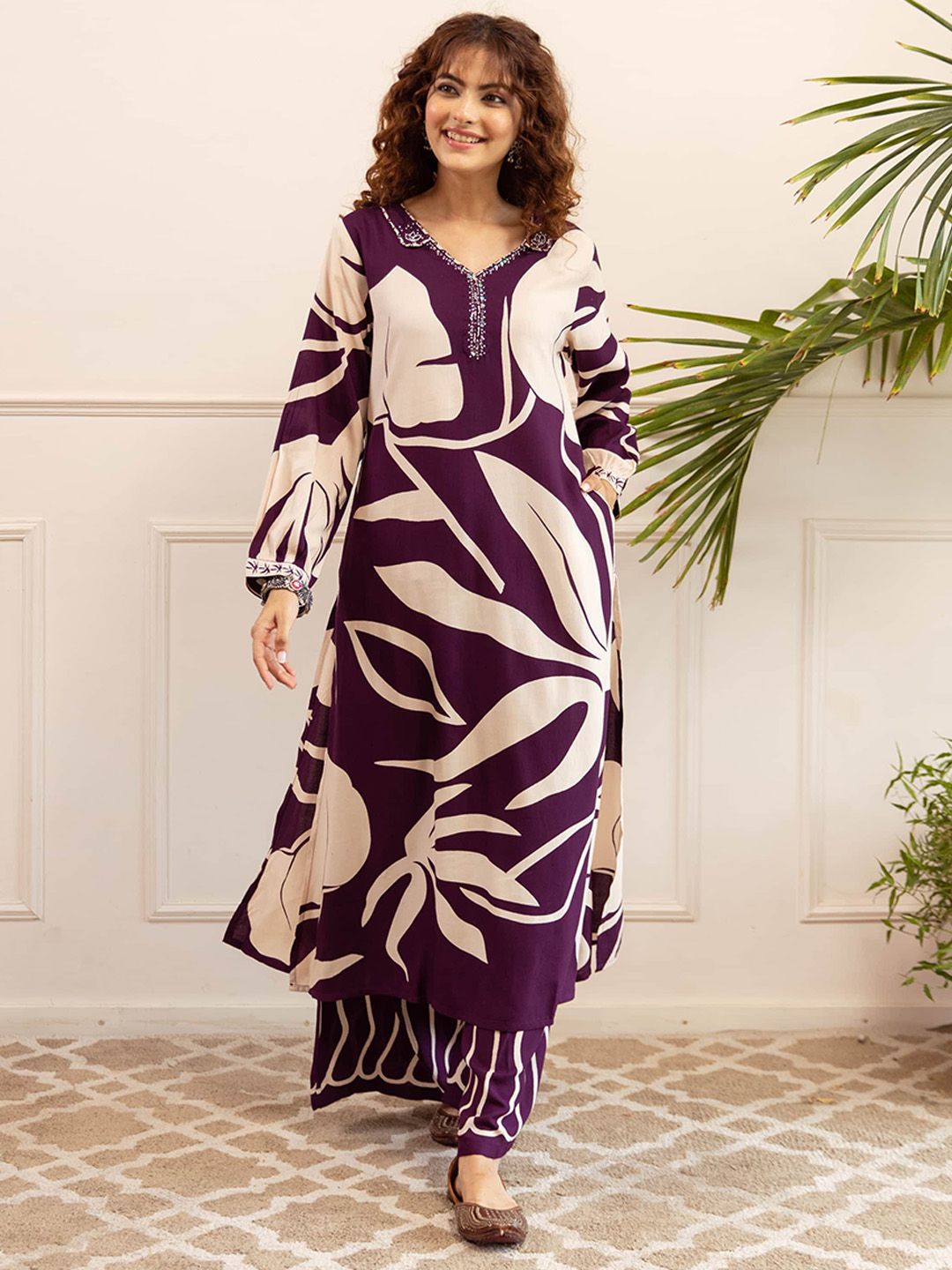 Nehamta Women Abstract Printed A-Line Kurta with Palazzo