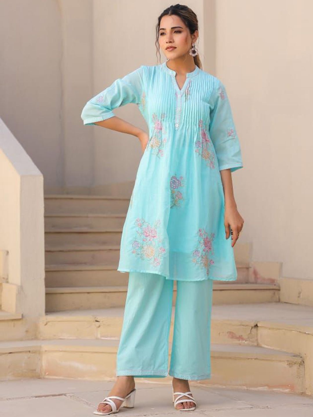 Art Avenue Women Floral Embroidered A-Line Pure Cotton Kurta with Trousers