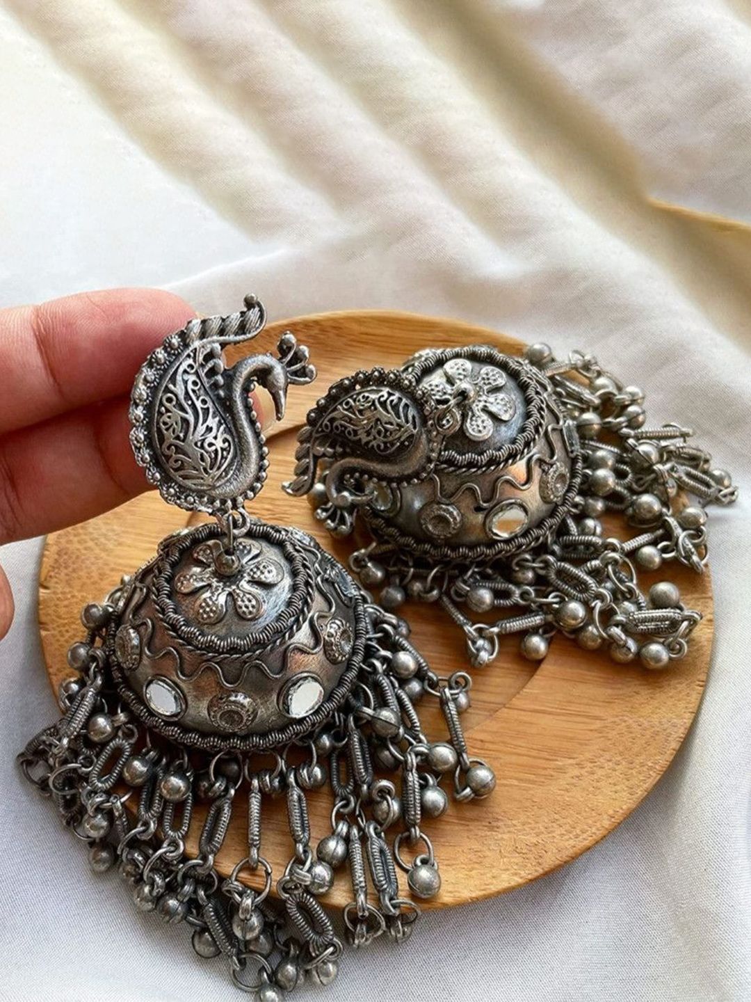 OPUS GEMS German Silver Artificial Stones Studded Dome Shaped Oxidised Jhumkas-picture-23