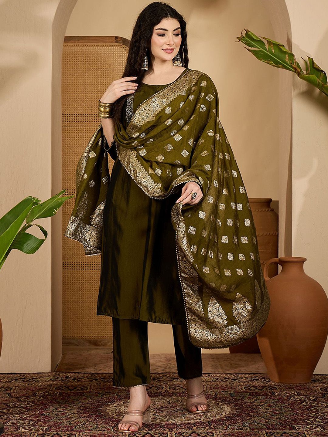 Sangria Women Embroidered Straight Sequinned Kurta with Trouser & Dupatta