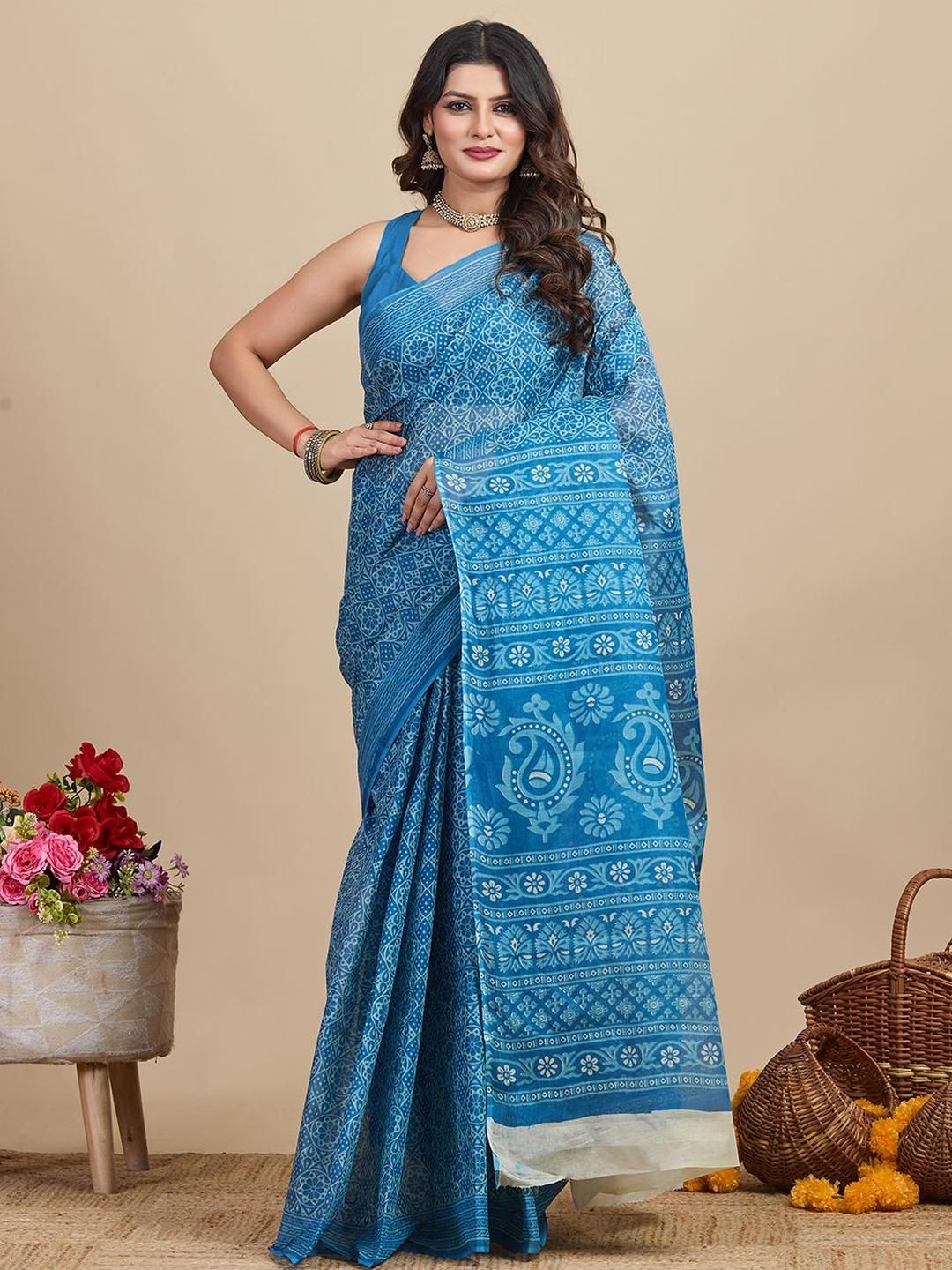 SHANVIKA Ethnic Motifs Printed Pure Cotton Saree-picture-37