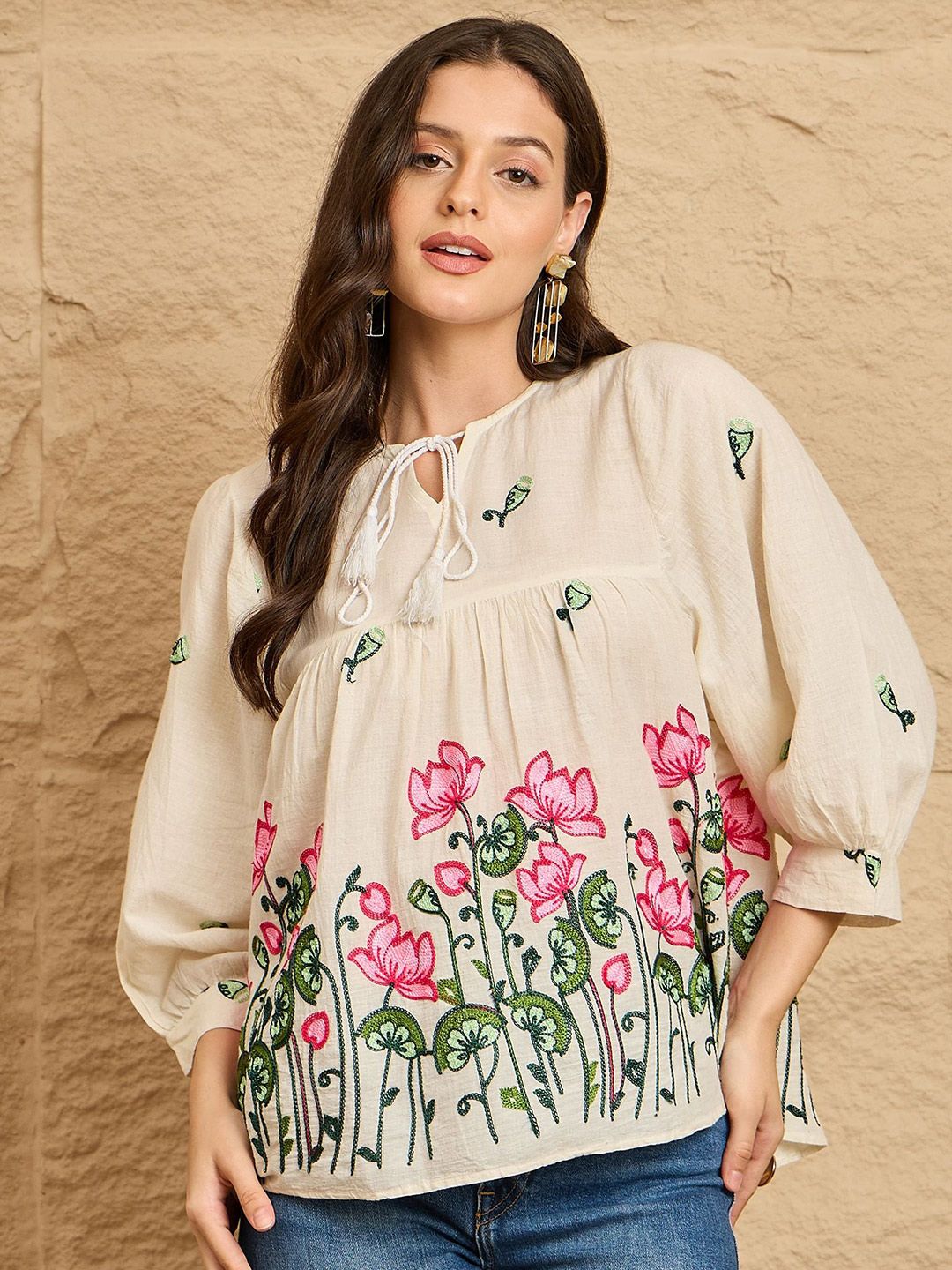 DRAPE AND DAZZLE Women Floral Embroidered Cotton Top-picture-37