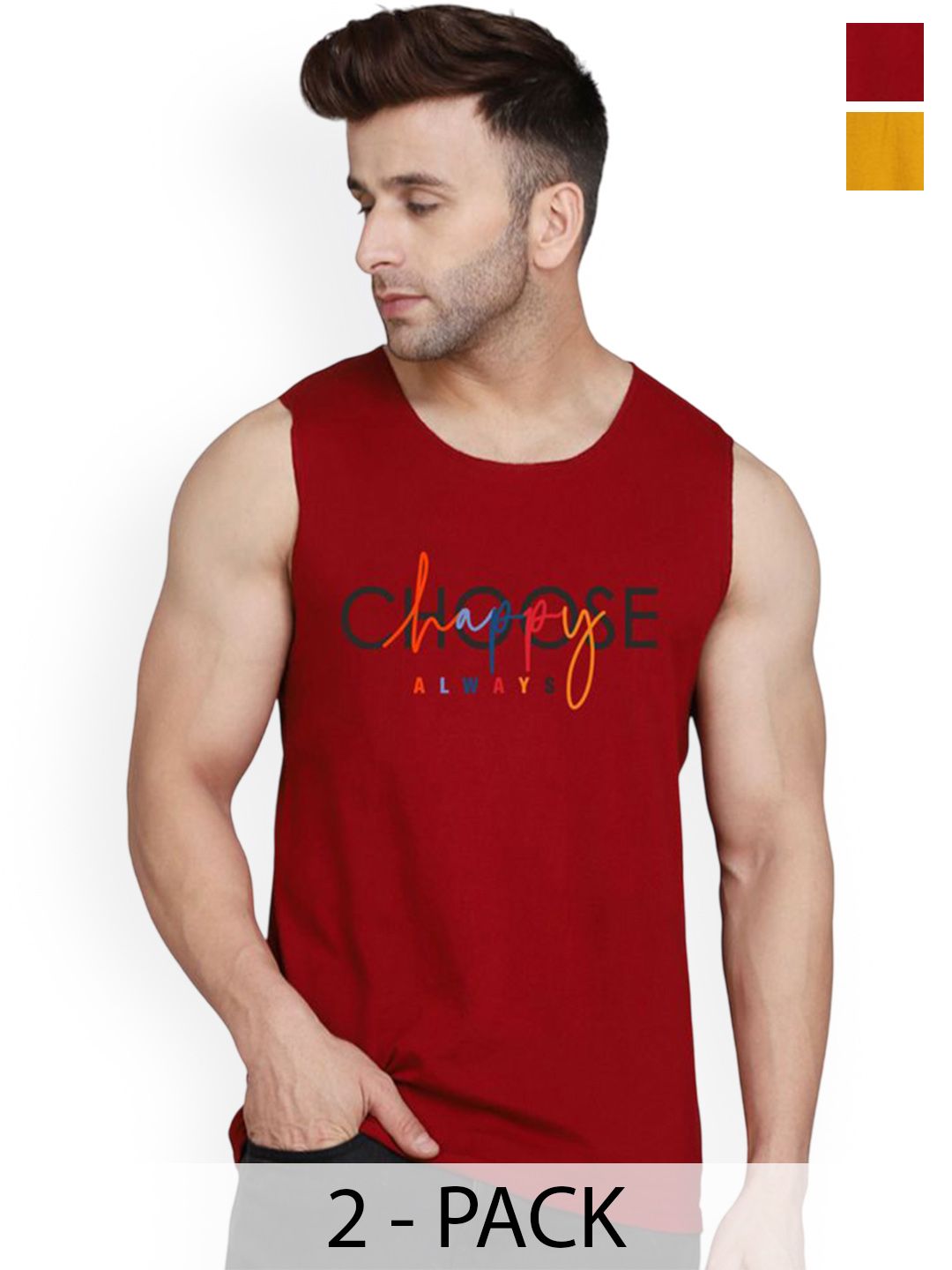 SLOWLORIS Pack of 2 Printed Combed Cotton Vest VSL26 CMB(CHS MAROON)(PLAIN MUSTARD)-picture-40