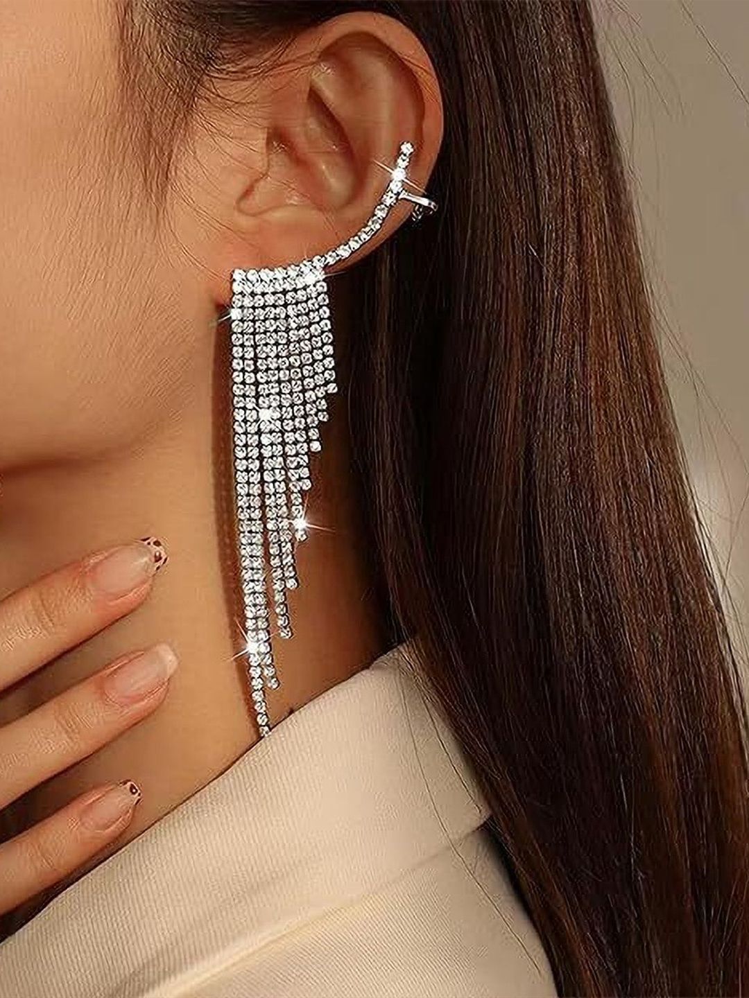 OPUS GEMS Silver-Plated American Diamonds Studded Contemporary Tasselled Drop Earrings-picture-40