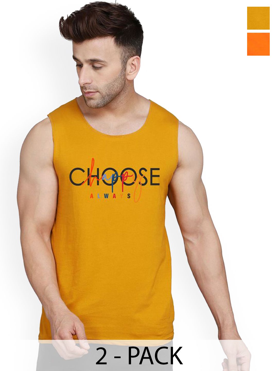 SLOWLORIS Pack Of 2 Printed Round Neck Gym Vests VSL26 CMB(CHS MUSTARD)(OVRTNK ORANGE)-picture-19