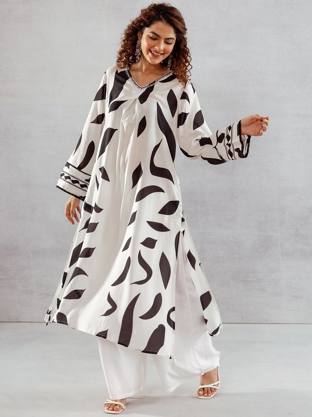 Sangria Women Abstract Printed Beads and Stones A-Line Kurta with Palazzos Set