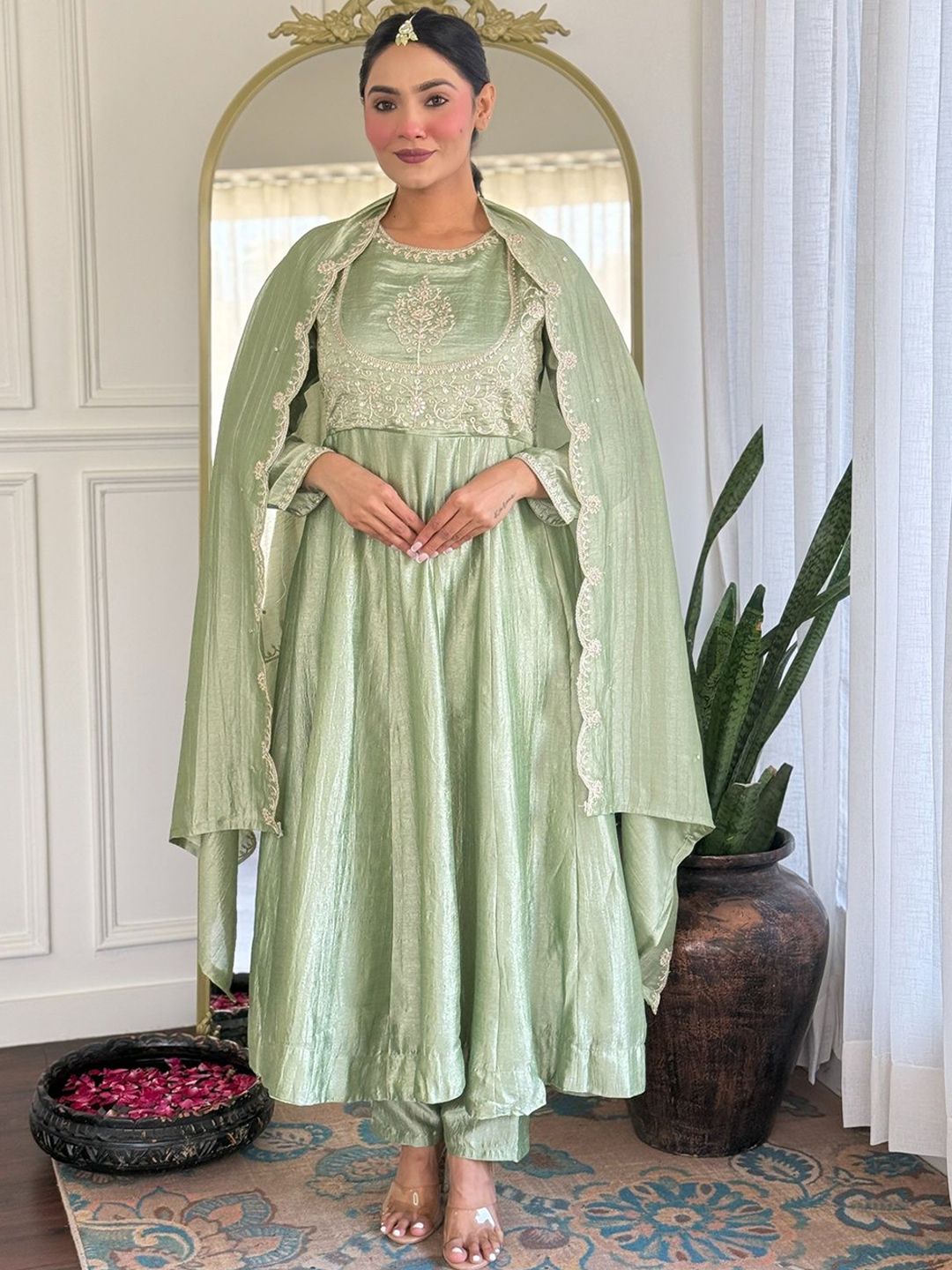 Moda Rapido Women Floral Embroidered Empire Sequinned Kurta with Trousers & Dupatta