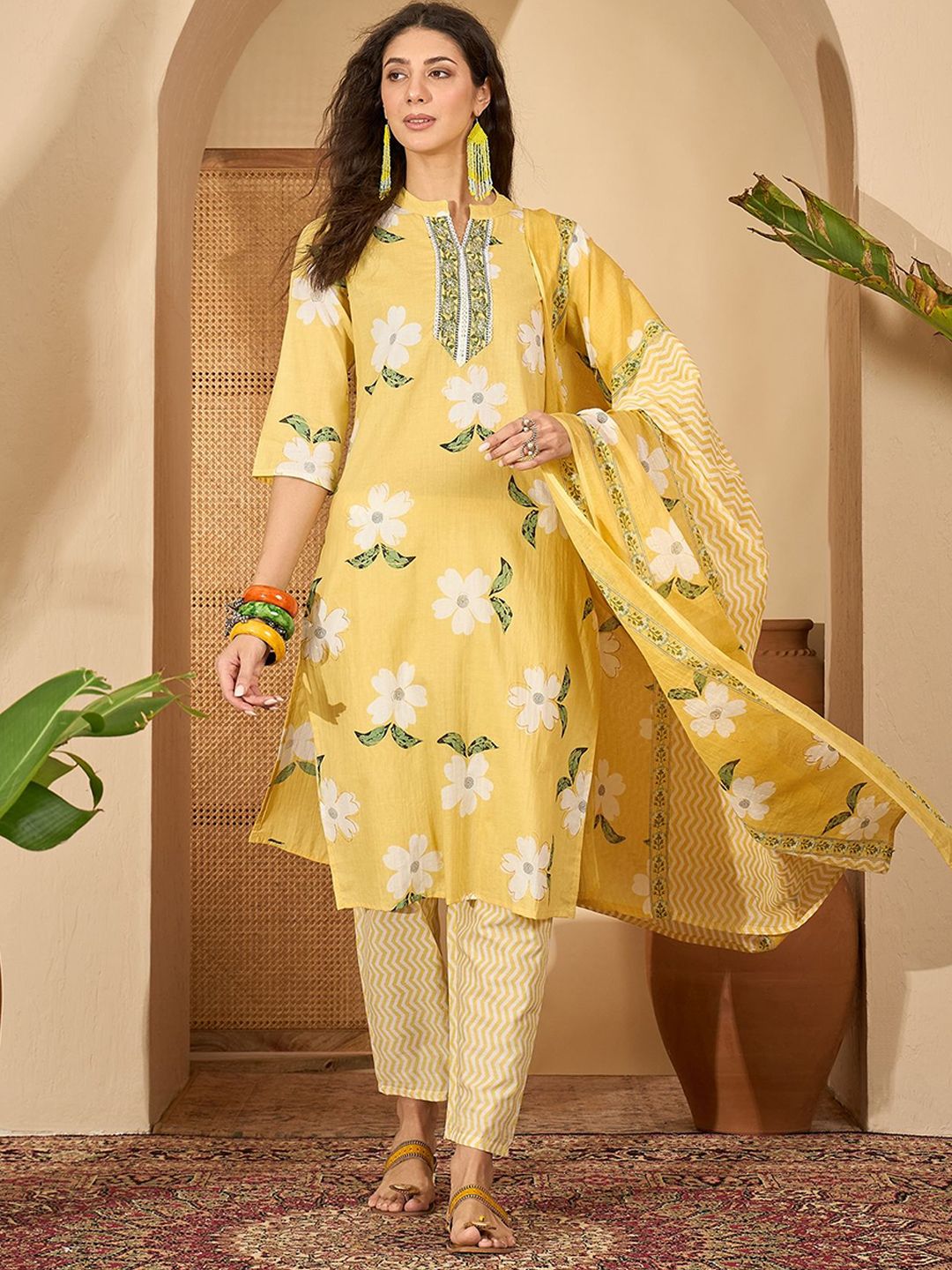 Sangria Women Floral Printed Pure Cotton Kurta with Trouser & Dupatta