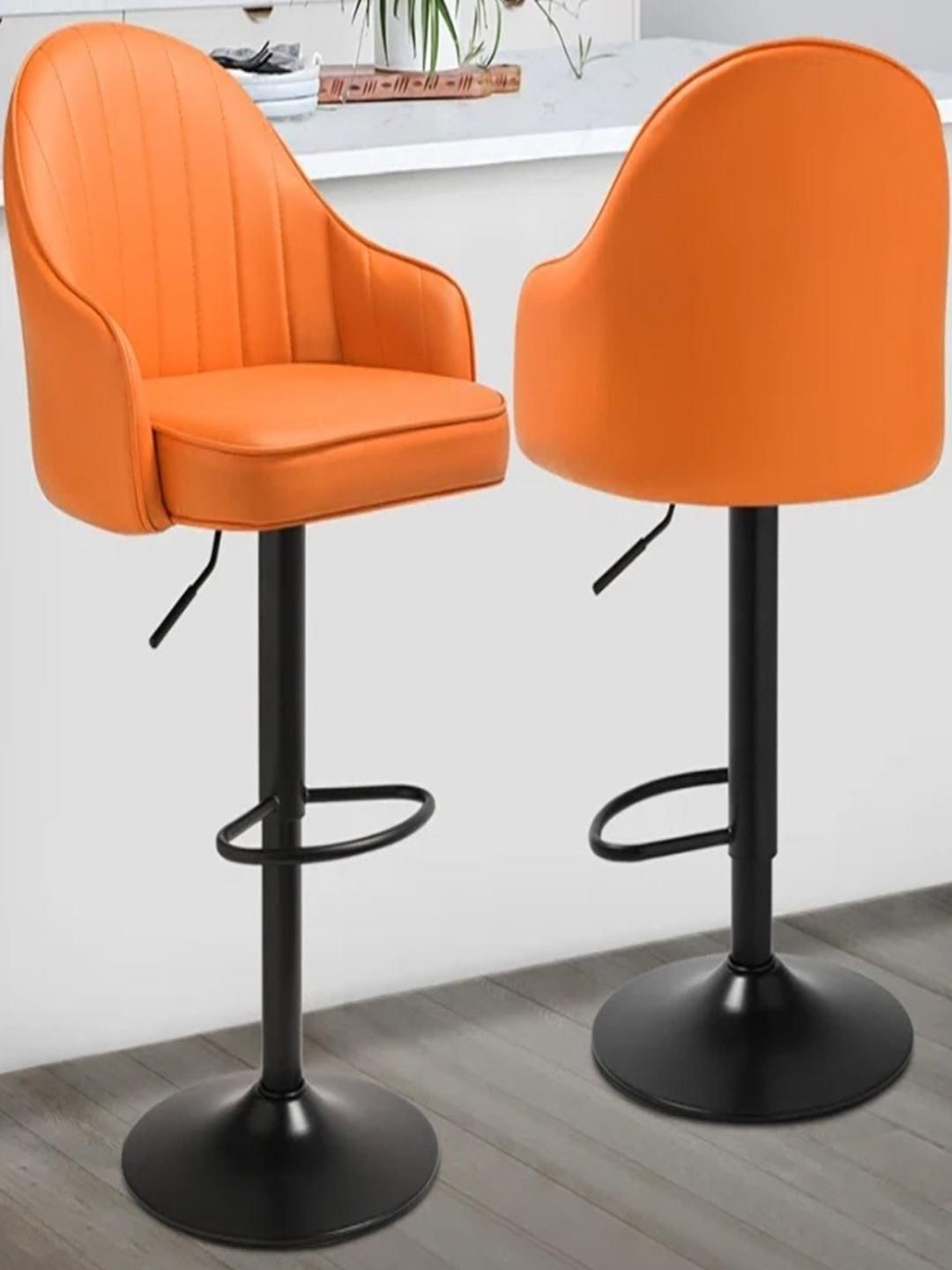 DOE BUCK Set of 2 Matte Orange Adjustable Bar Chairs Faux Leather With Hydraulic Lift-image-3