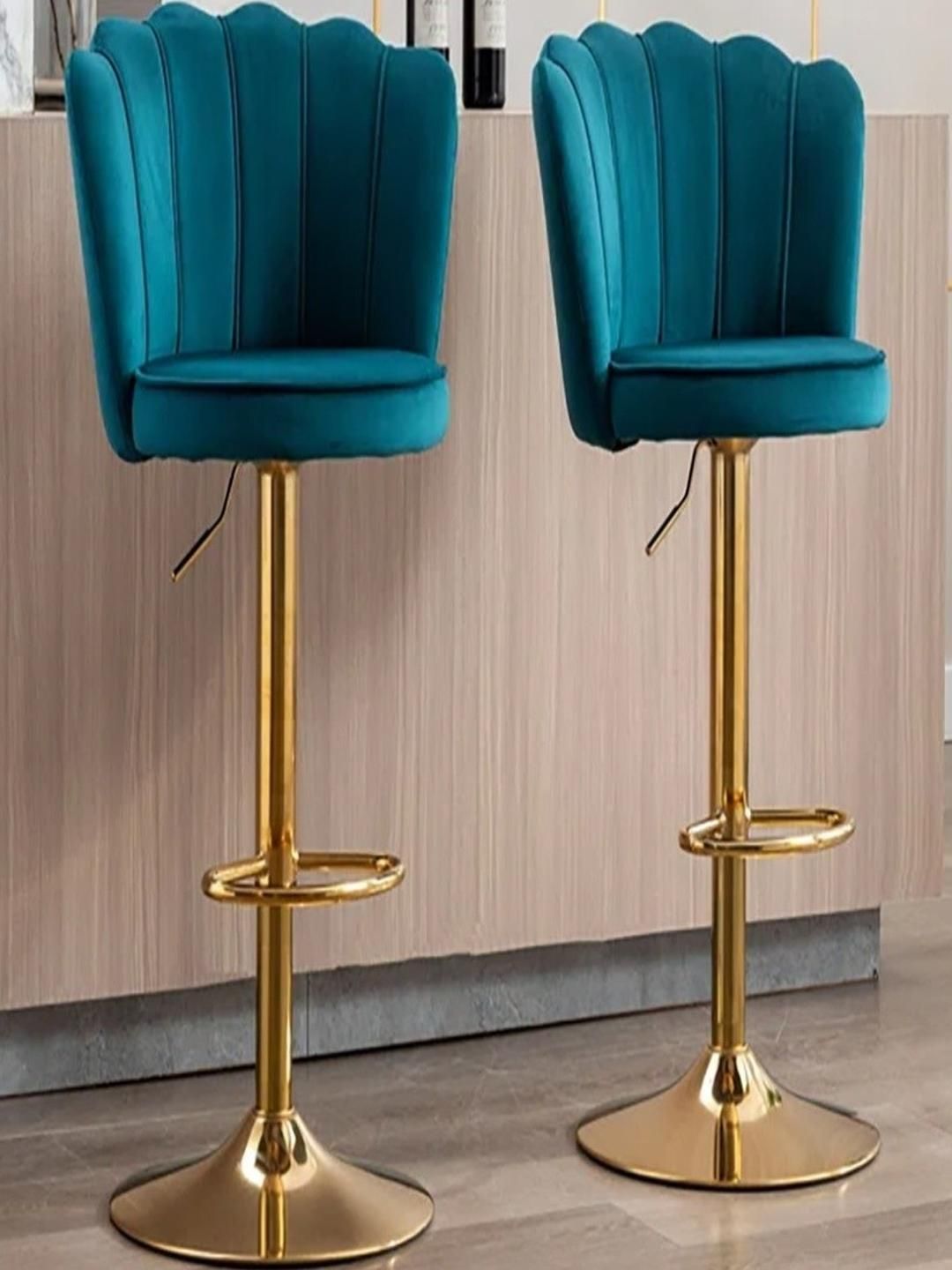 Doe Buck Teal Blue Velvet Shell Back Adjustable Bar Chair with Gold Base