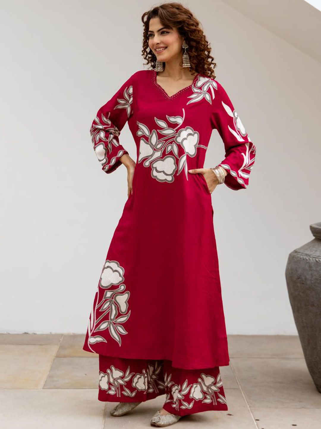 Sangria Women Floral Embroidered Anarkali Kurta with Palazzo