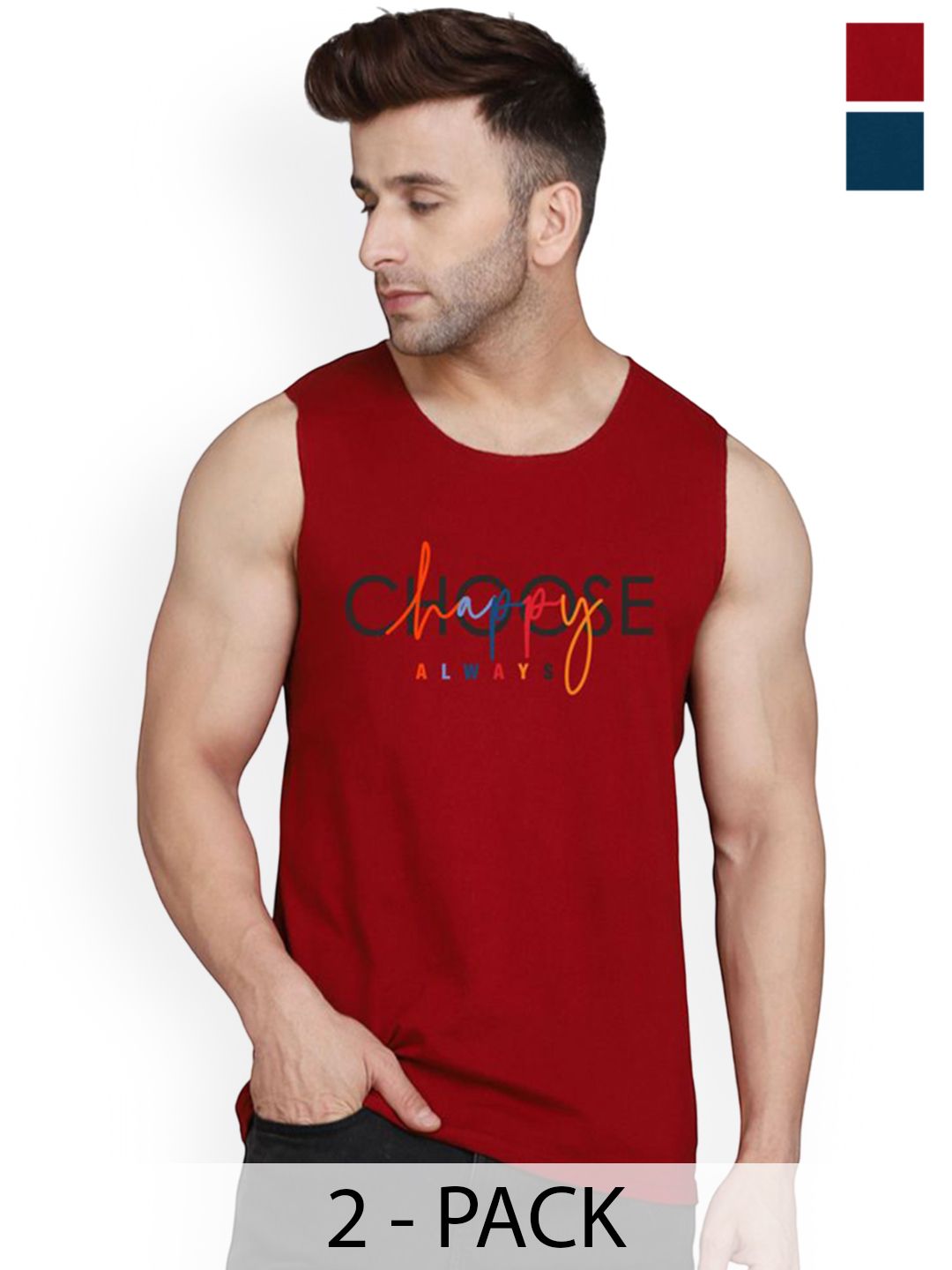 SLOWLORIS Pack Of 2 Printed Combed Cotton Gym Vests VSL26 CMB(CHS MAROON)(OVRTNK PEACOCK)-picture-33