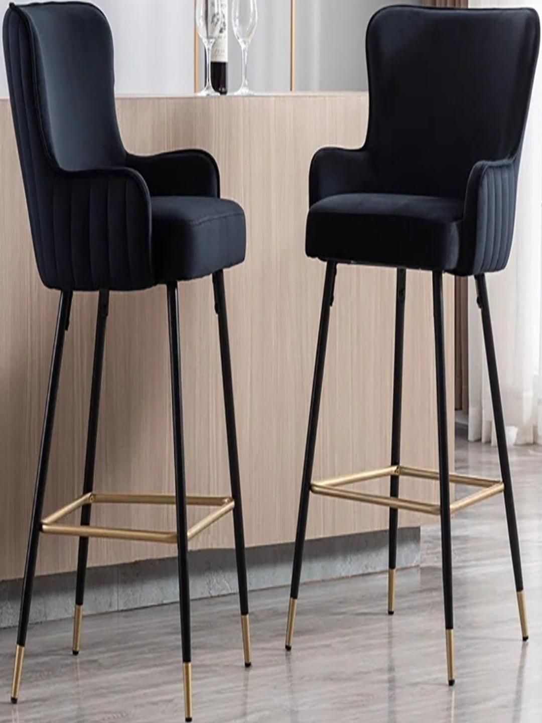 Doe Buck black Velvet Bar Chairs with Armrests High Bar Stools with Gold Accents