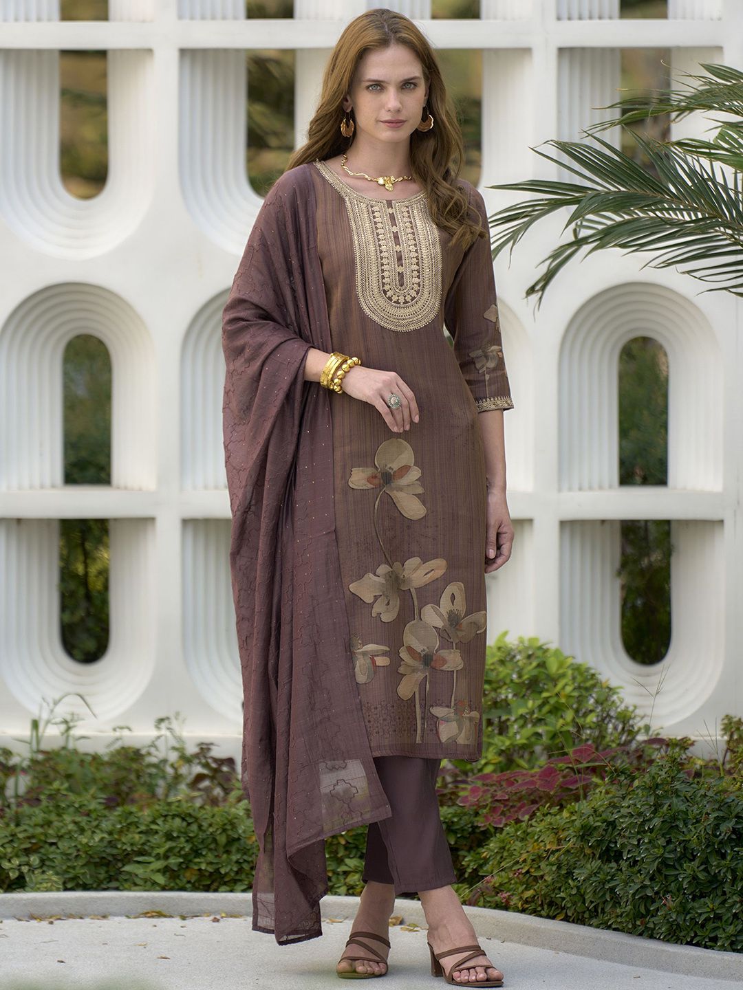 FLAVICA Floral Printed Straight Sequinned Kurta With Trousers & Dupatta