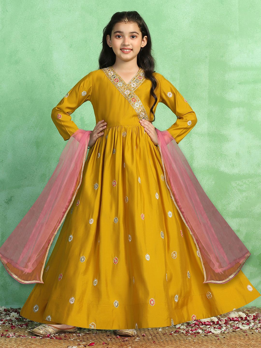 FASHION DREAM Girls Embroidered Maxi Ethnic Dress With Dupatta-picture-58