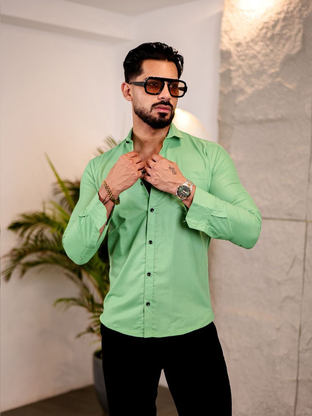 IKON FASHION Men Original Fit Solid Spread Collar Cotton Casual Shirt-picture-14