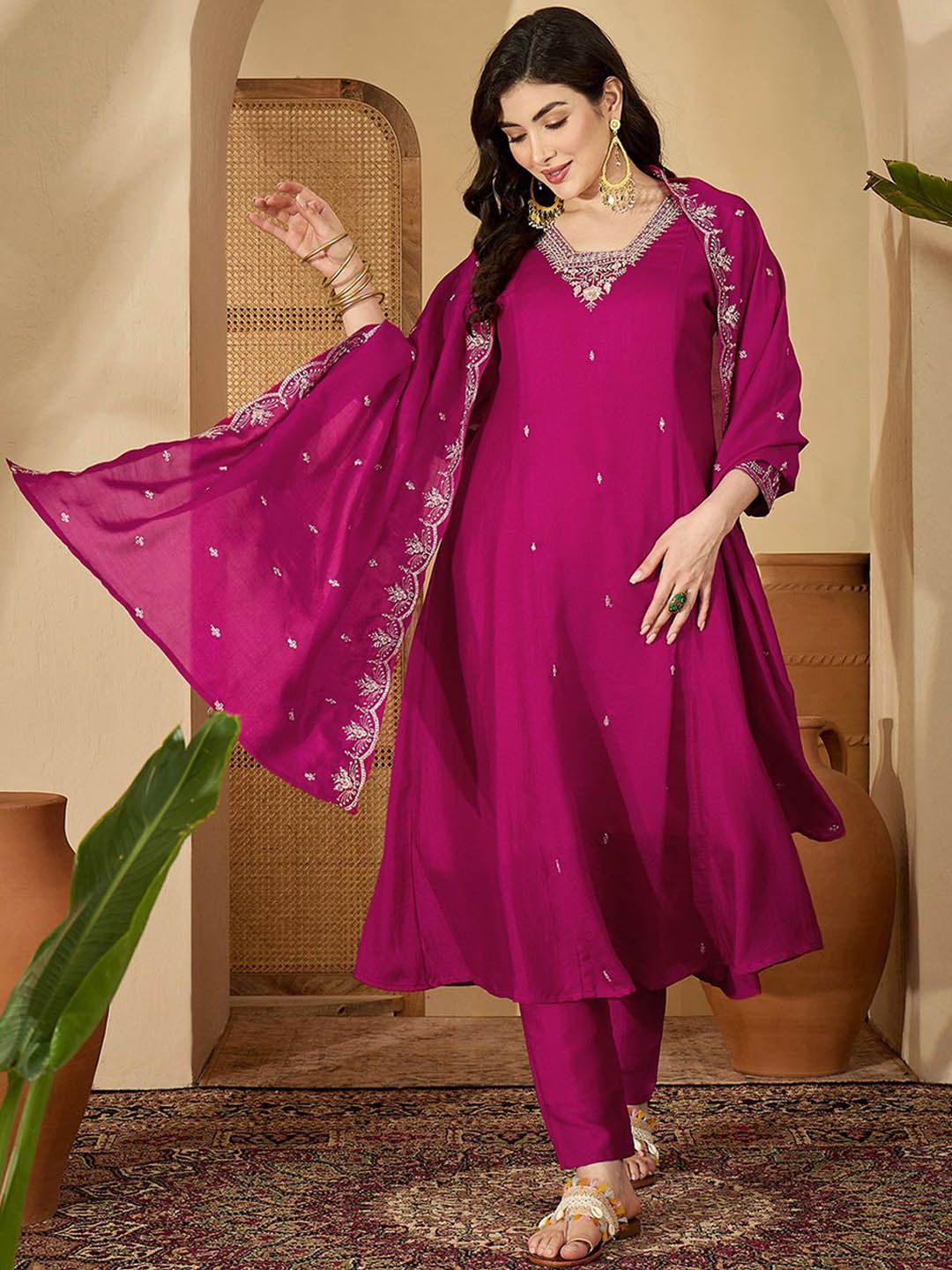 Sangria Floral Embroidered V-Neck Sequinned A-Line Kurta With Trousers & Dupatta