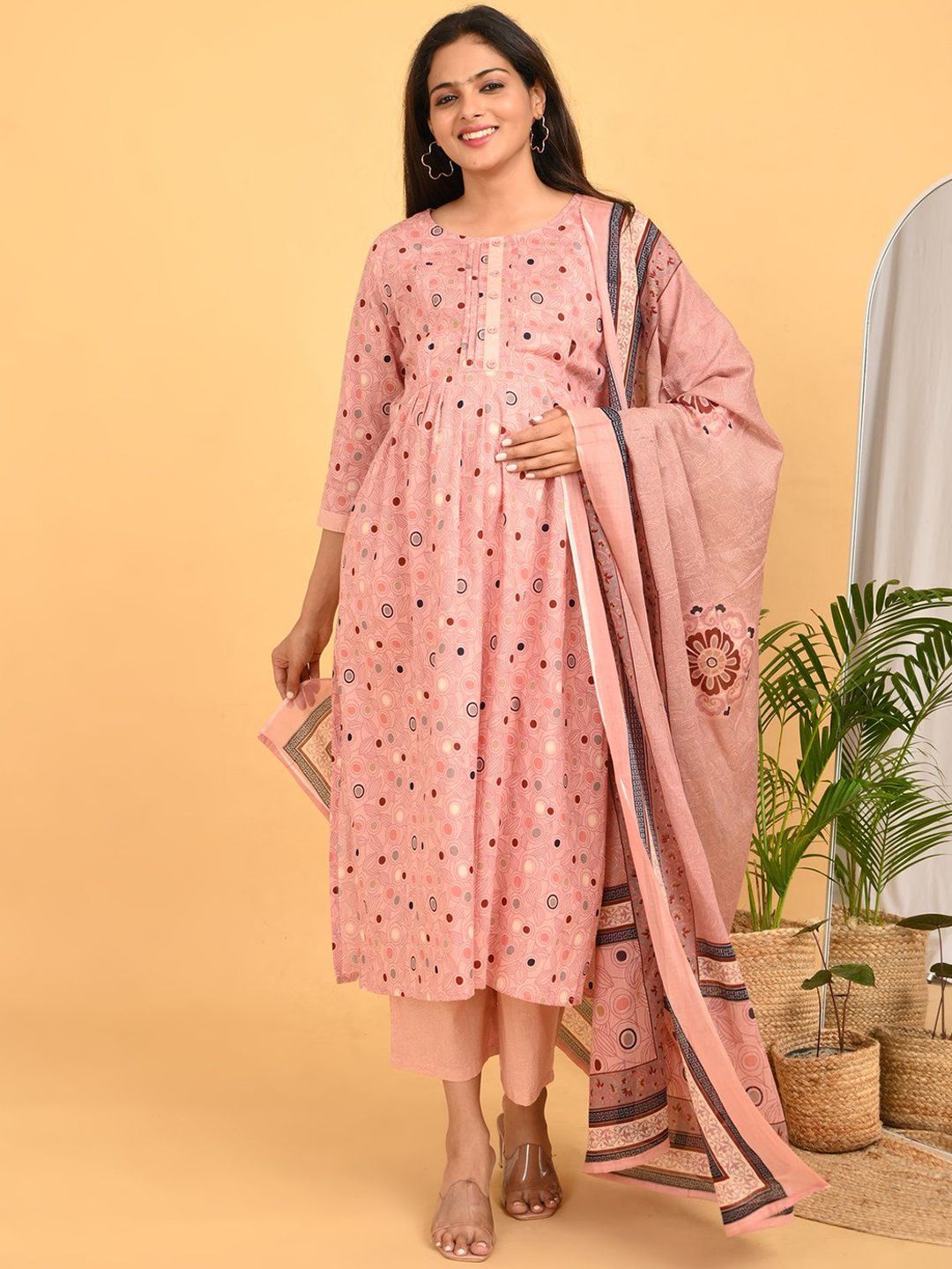 GOLDSTROMS Women Geometric Printed Pure Cotton A-Line Kurta with Palazzo & Dupatta