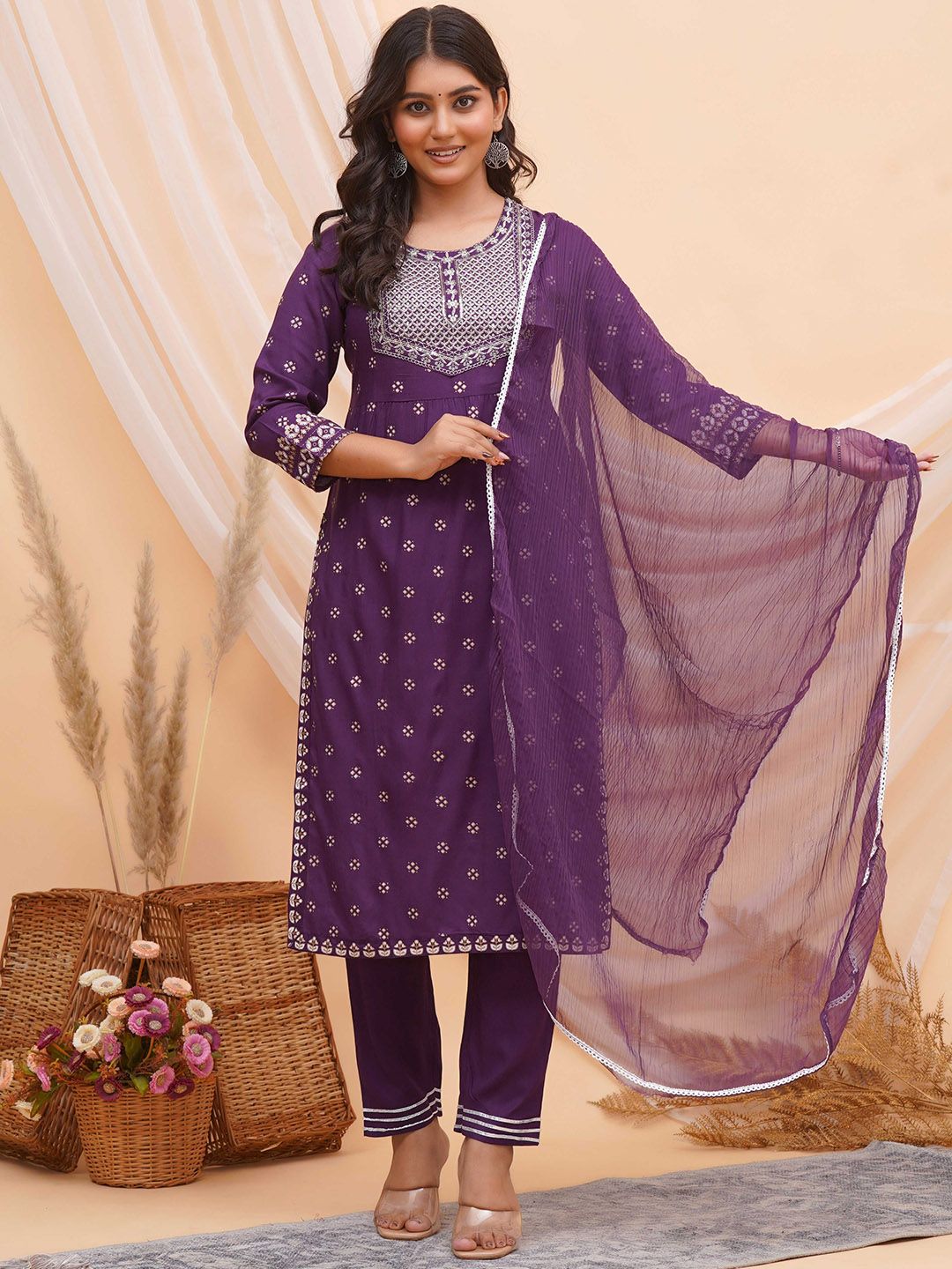 KBZ Women Floral Embroidered Regular Kurta with Palazzos & Dupatta