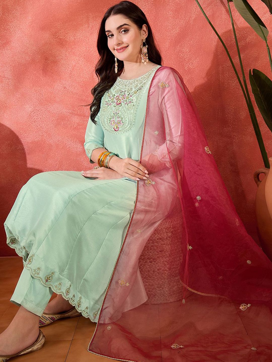 Sangria Floral Yoke Design Thread Work Panelled A-Line Kurta With Trousers & Dupatta