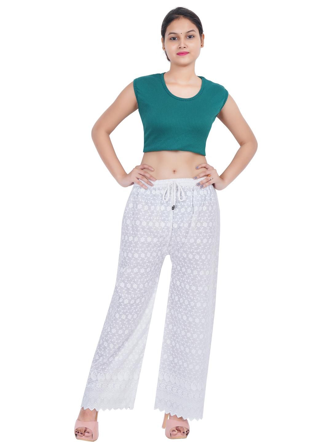 Mytrendzs Women White Cotton Full Chikankari Embroidered Palazzo-picture-32