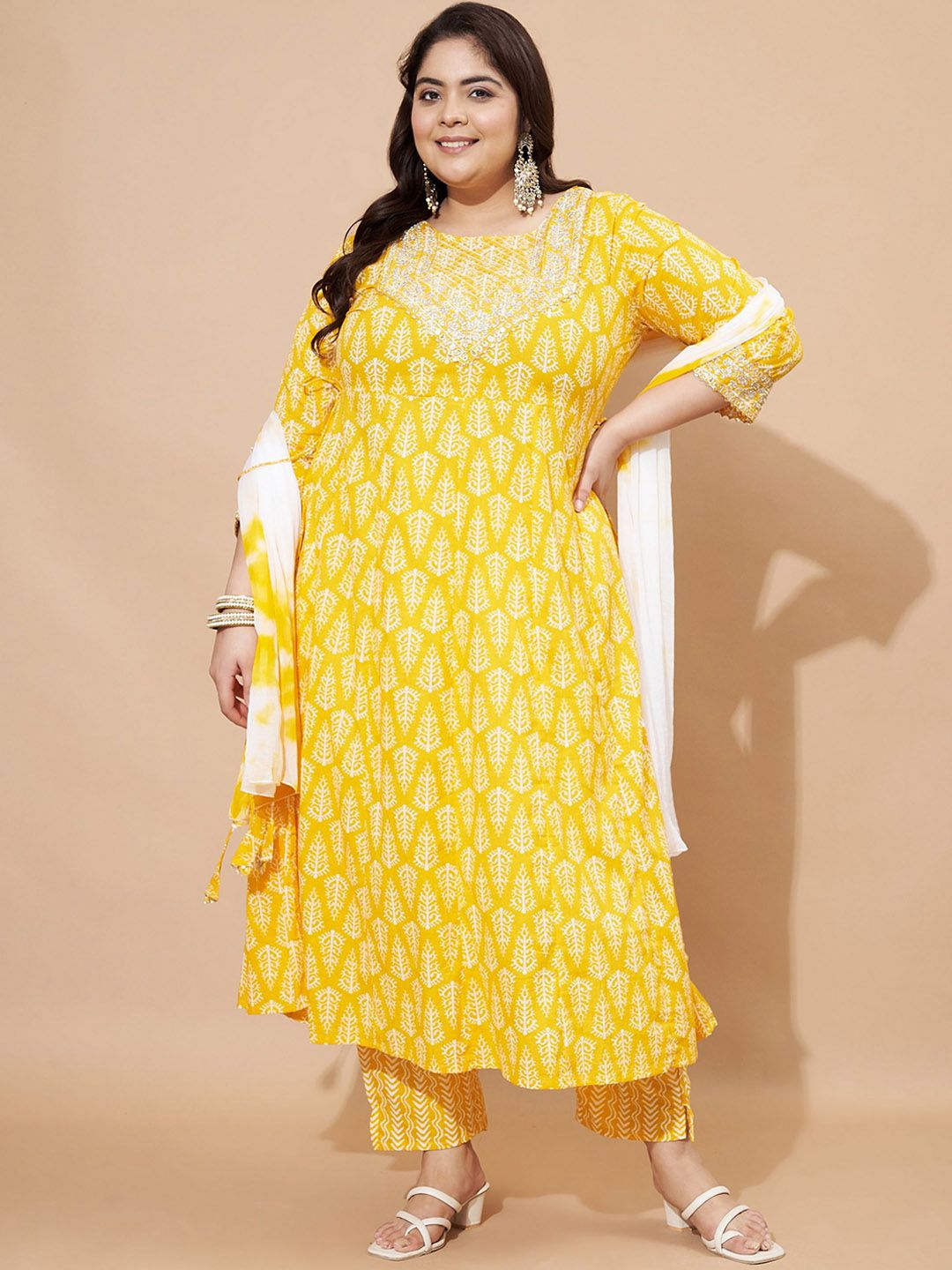 GULMEHAK Women Plus Size Printed Pure Cotton Anarkali Kurta with Palazzo & Dupatta