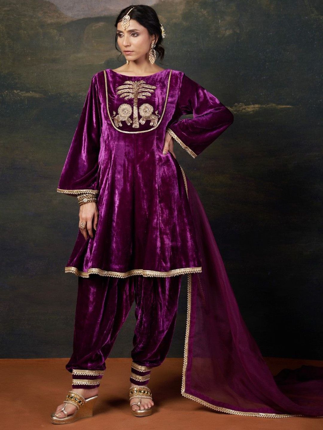 THETAA Women Ethnic Motifs Embroidered Regular Velvet Kurta & Trousers With Dupatta-picture-19