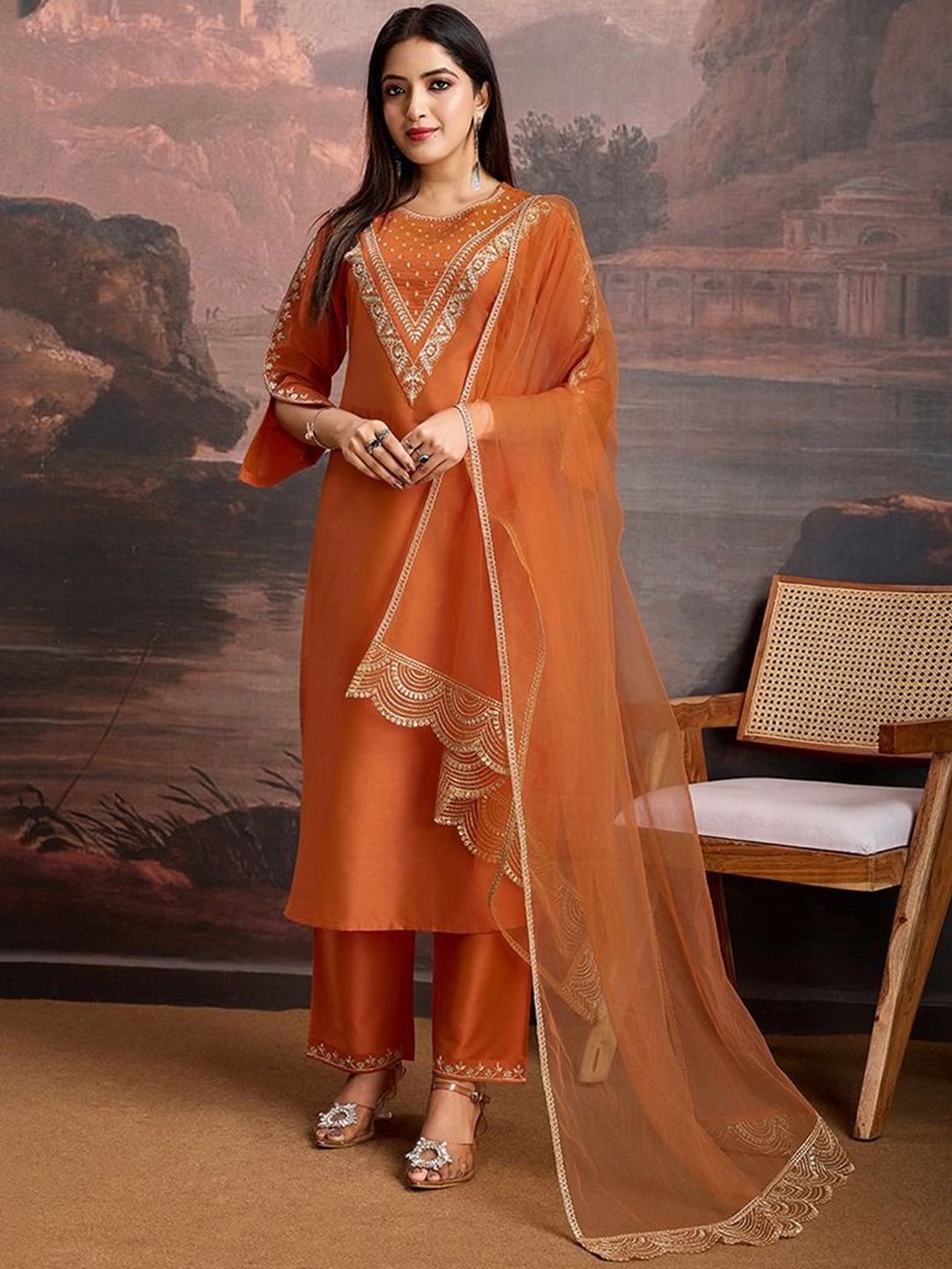 S.K.C Women Ethnic Motifs Embroidered Kurta with Trouser & Dupatta