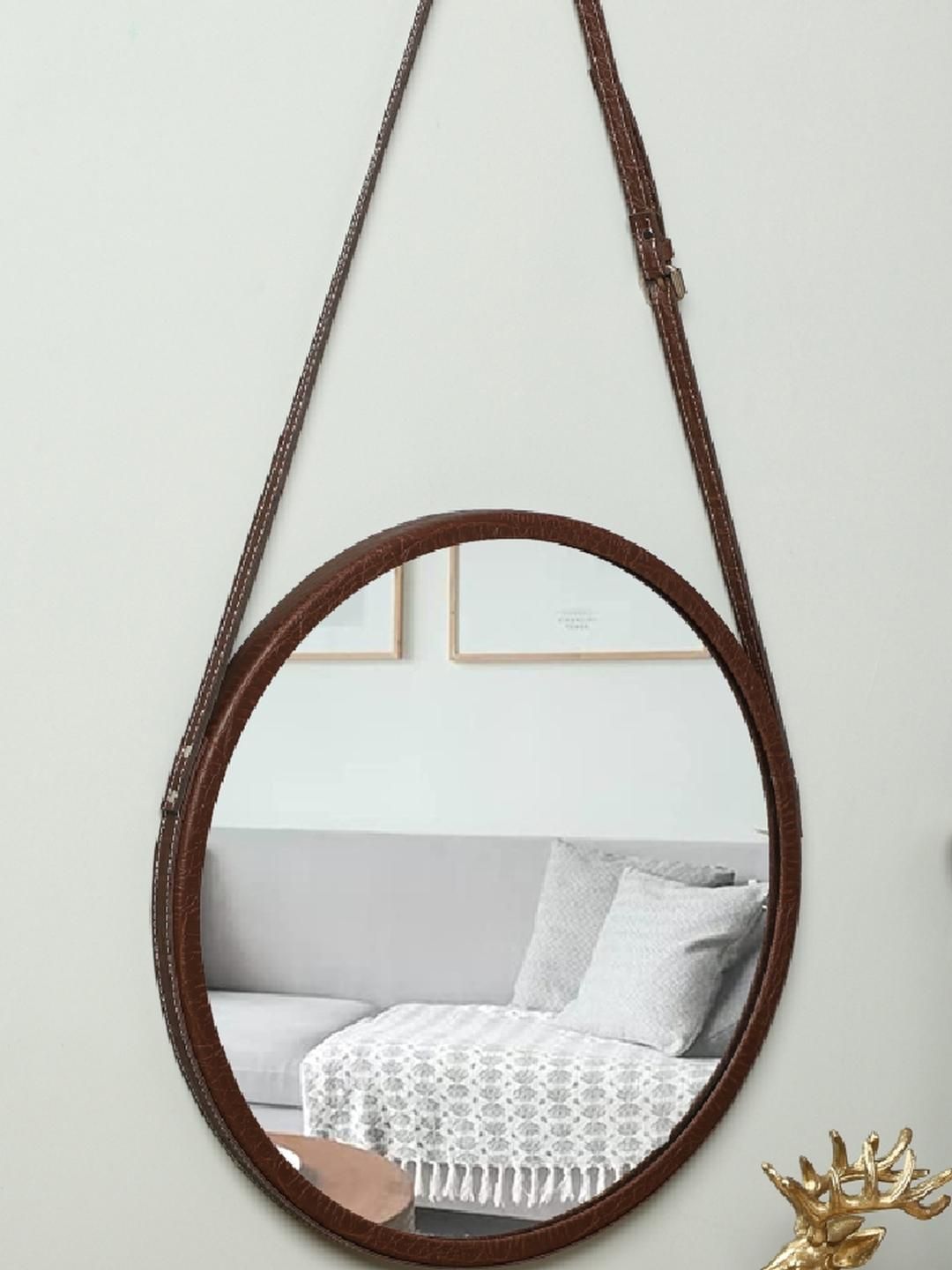 Urban Hamlet Brown Leather Frame Round Wall Mirror-image-23