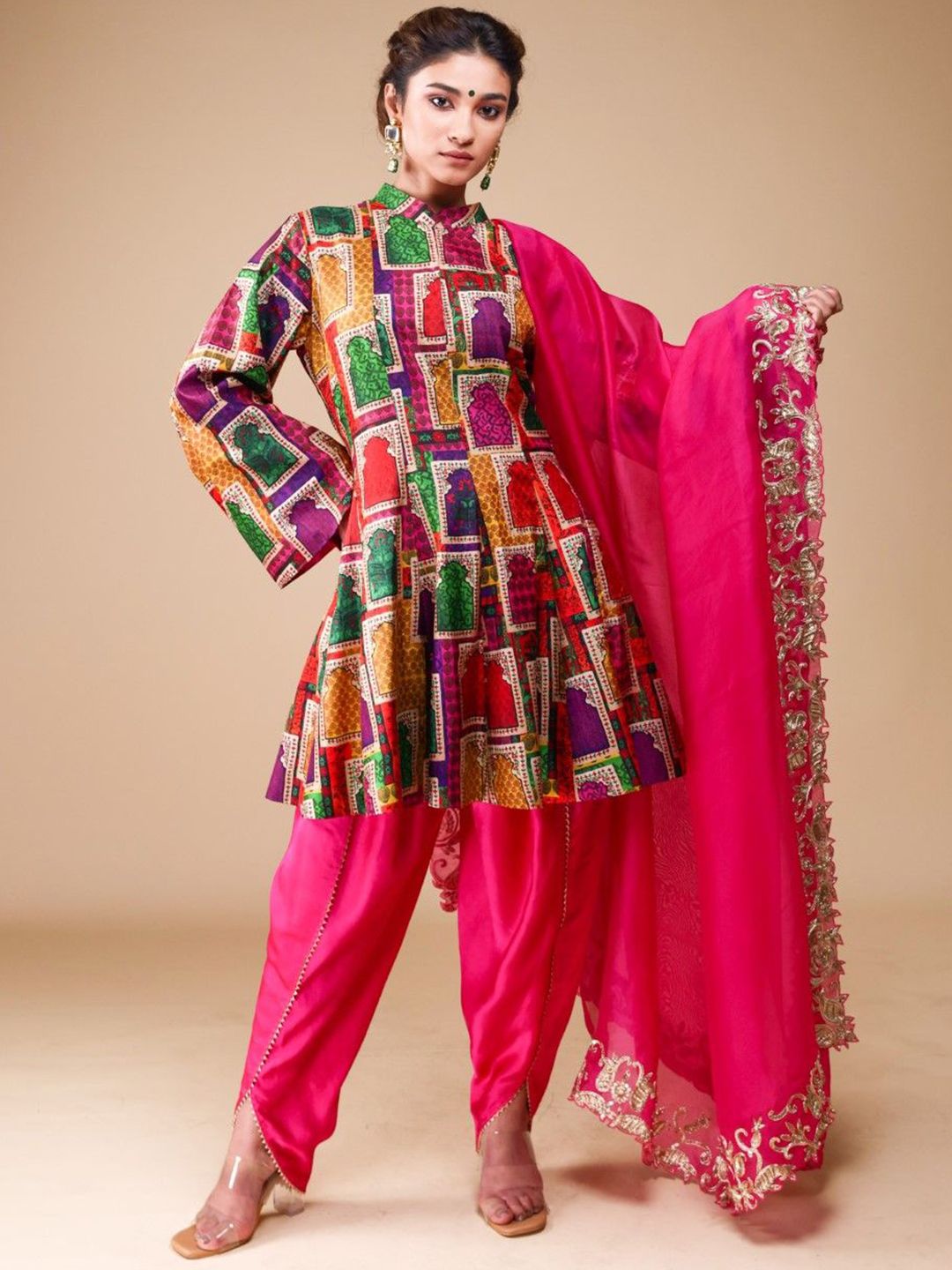 THETAA Geometric Printed Pure Silk Anarkali Kurta With Dhoti Pants & Dupatta-image-26