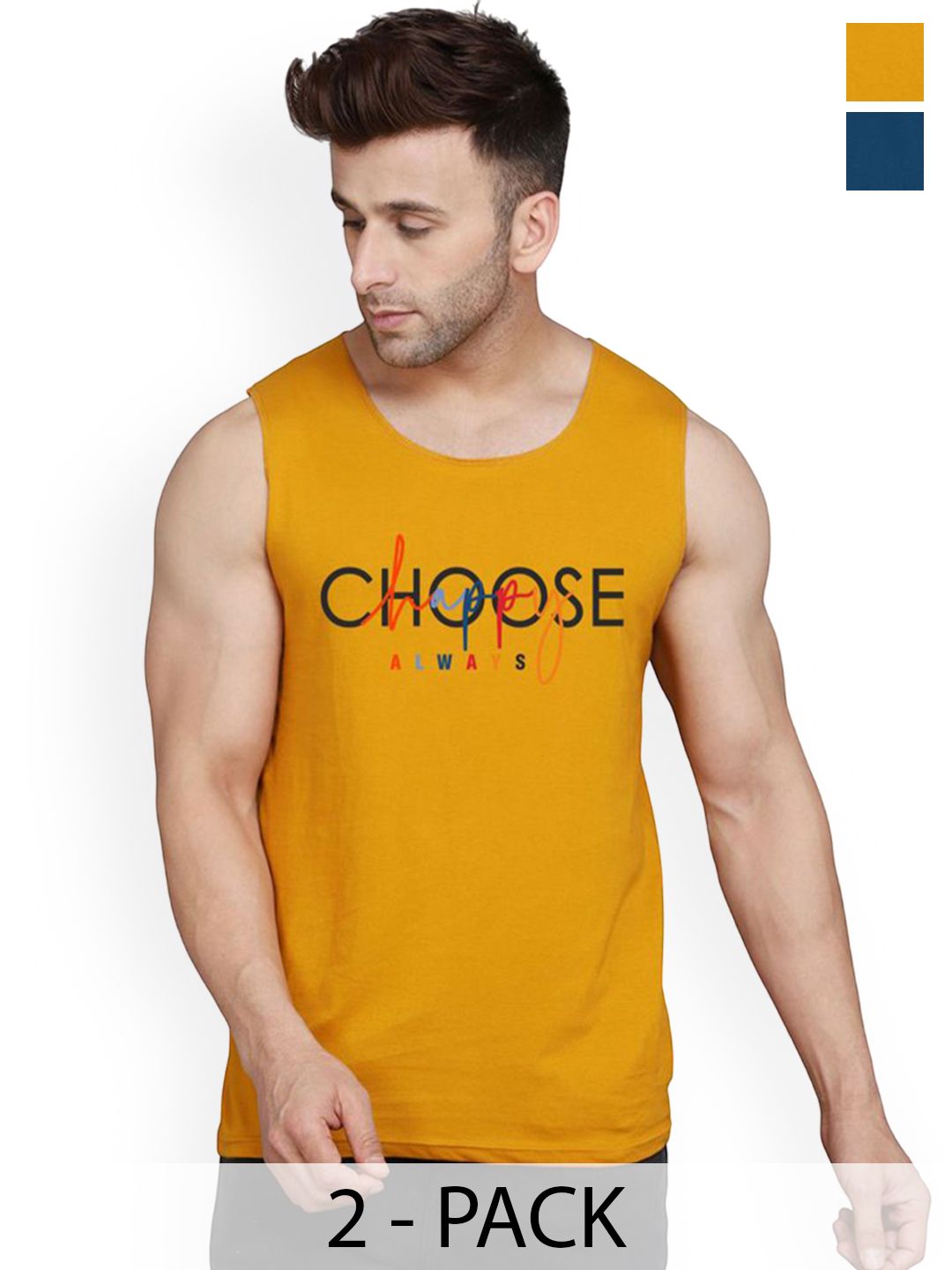 SLOWLORIS Pack Of 2 Printed Combed Cotton Gym Vests VSL26 CMB(CHS MUSTARD)(ADV PEACOCK)-picture-30
