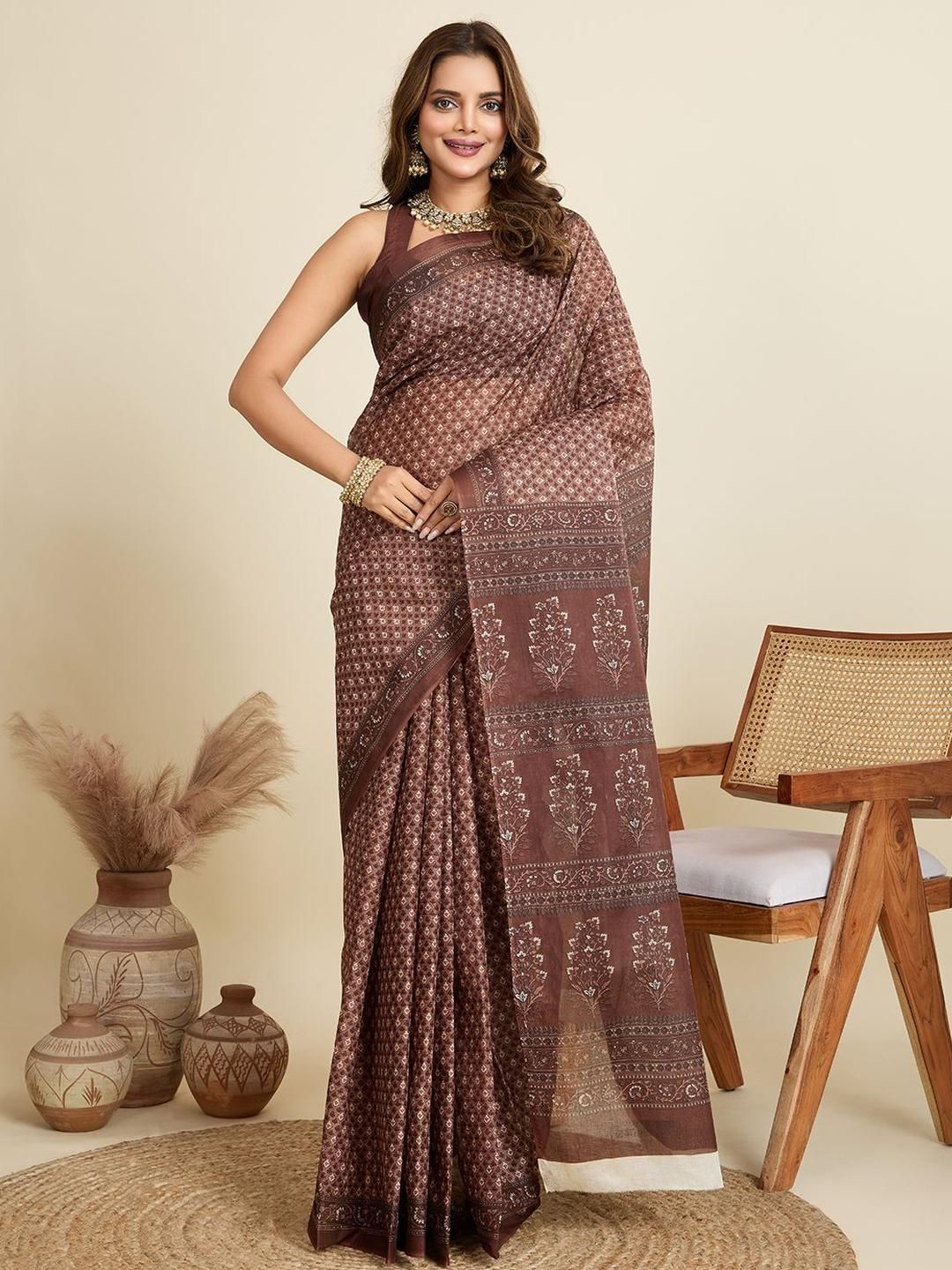 SHANVIKA Ethnic Motifs Printed Pure Cotton Saree-picture-16