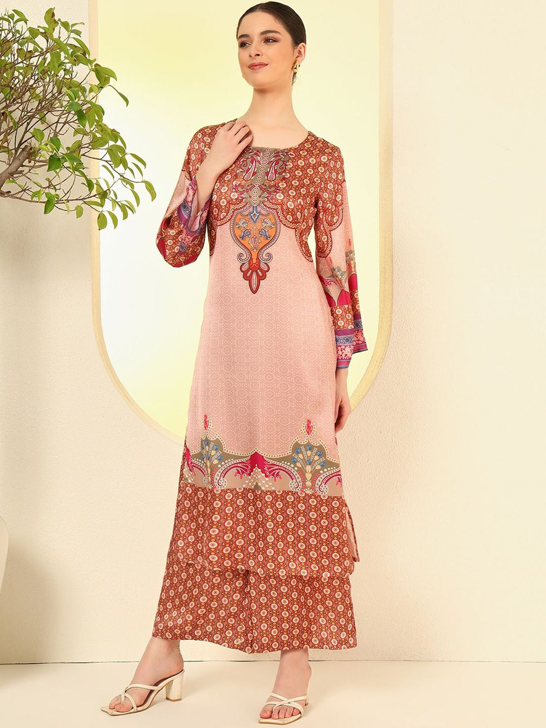 Sangria Floral Printed Round Neck Straight Kurta With Palazzos-picture-14