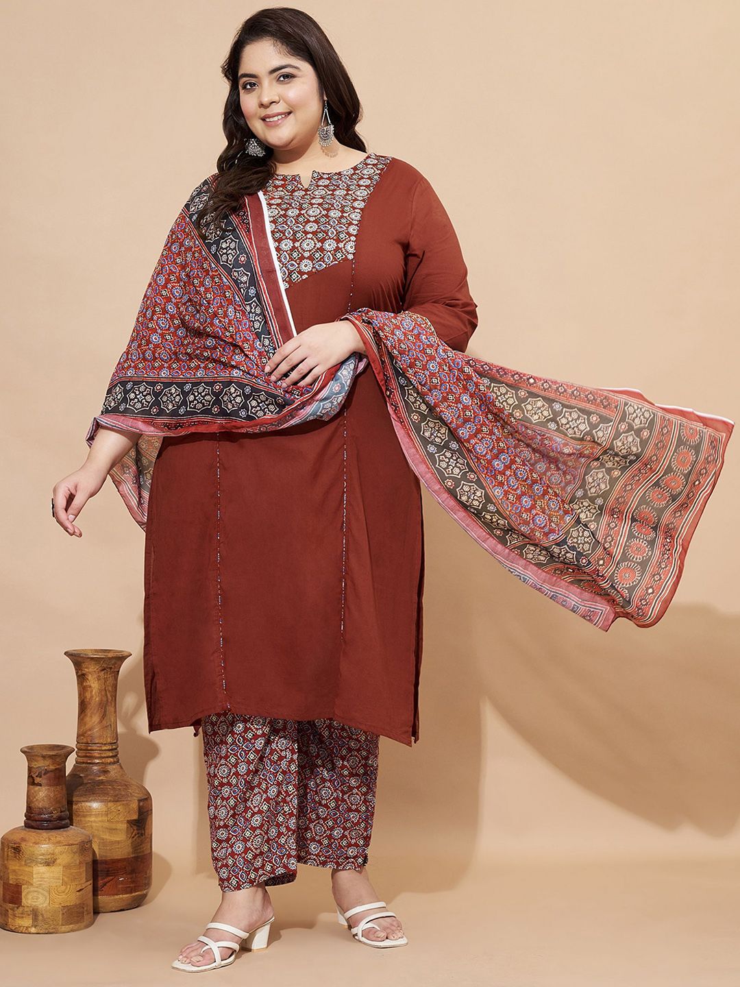 GULMEHAK Women Plus Size Ethnic Motifs Printed Pure Cotton Kurta with Palazzo & Dupatta