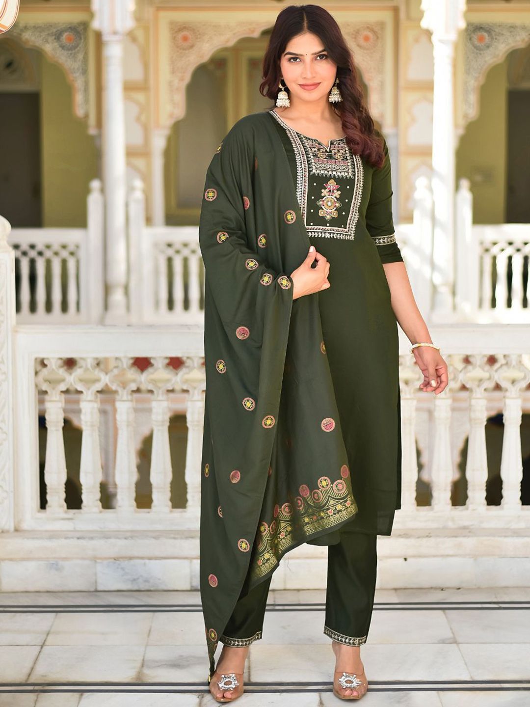 DISHWA FASHION Women Ethnic Motifs Embroidered Silk Kurta with Pyjama & Dupatta