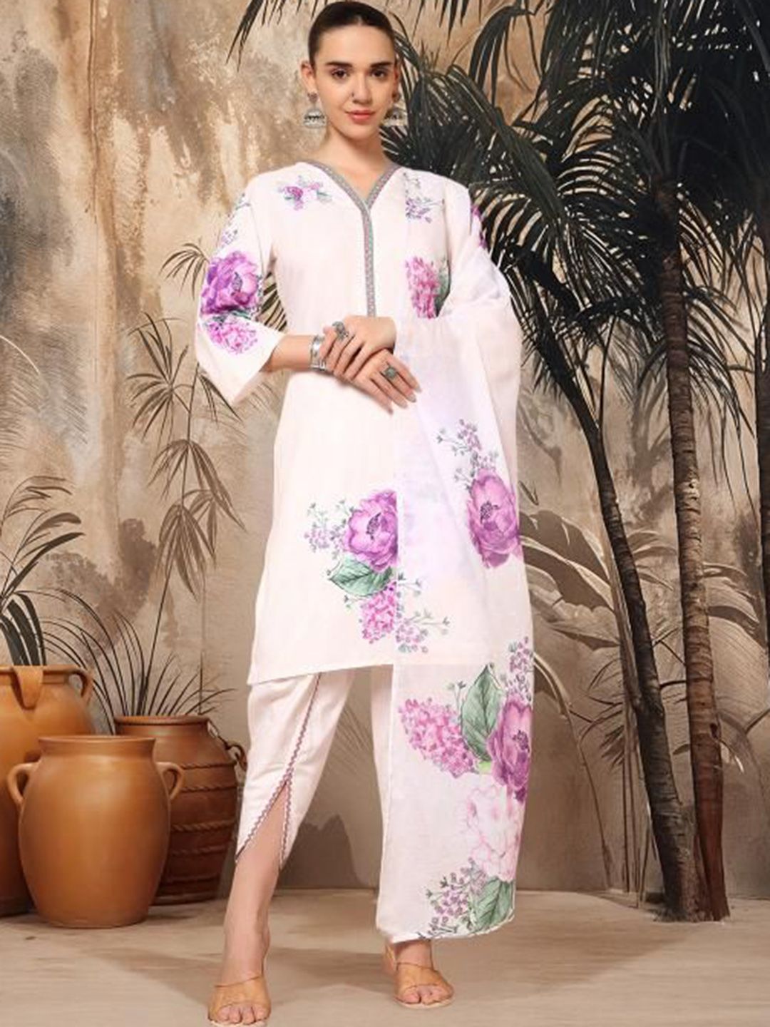 Sangria Floral Printed V-Neck Straight Kurta With Dhoti Pant And Dupatta