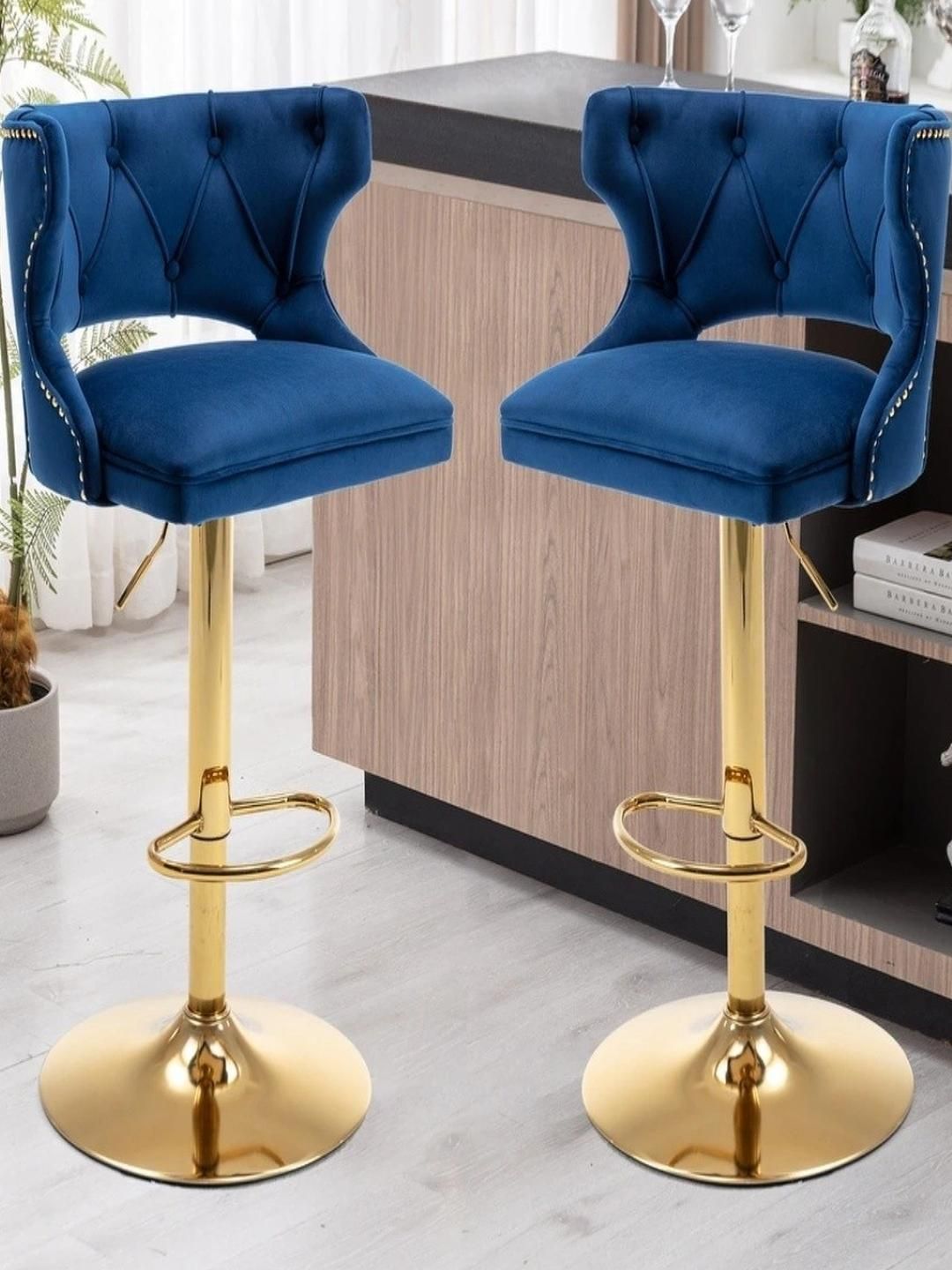 Doe Buck Velvet Tufted Bar Chairs with Golden Base | Blue